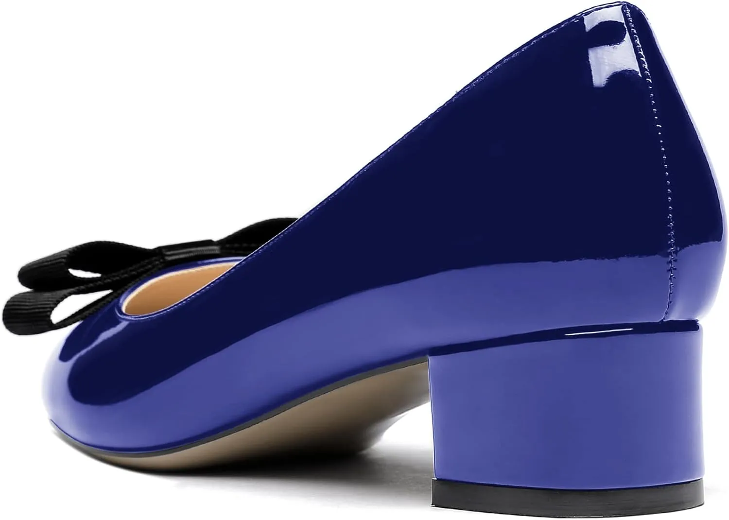WAYDERNS Women's Patent Bow Slip On Round Toe Chunky Low Heel Pumps Shoes 1.5 Inch