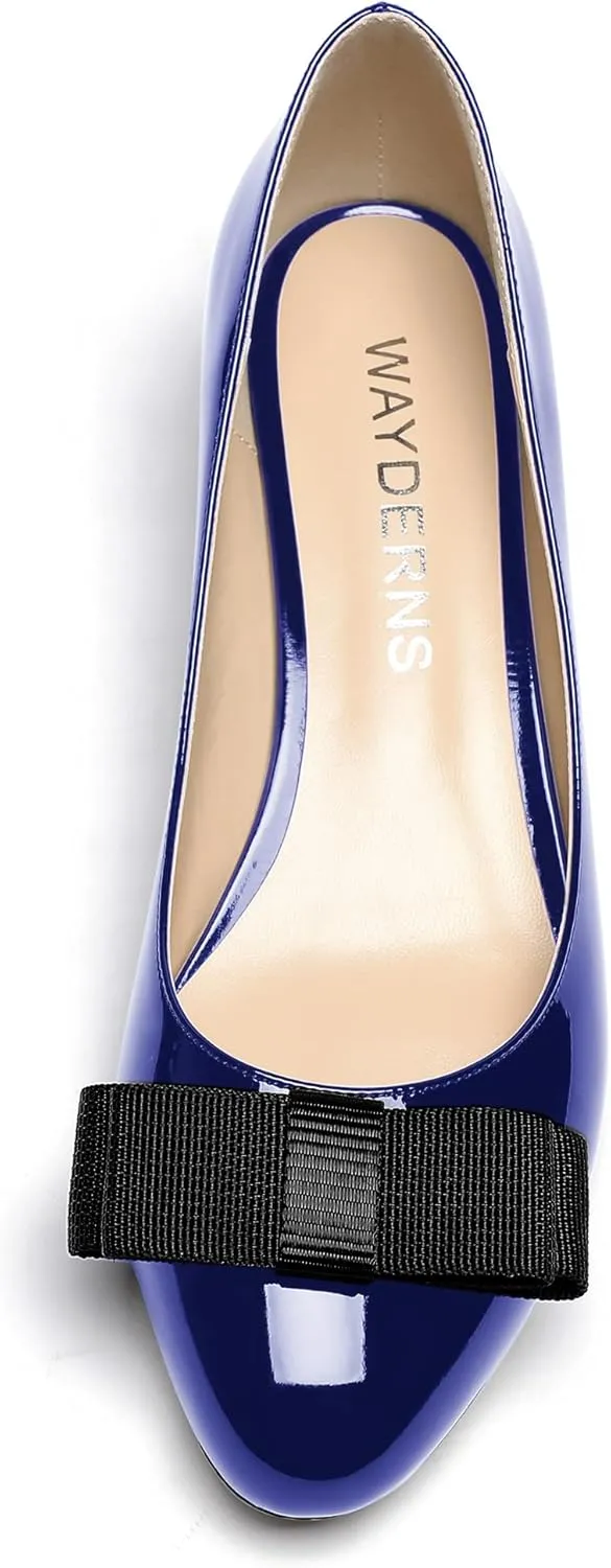 WAYDERNS Women's Patent Bow Slip On Round Toe Chunky Low Heel Pumps Shoes 1.5 Inch