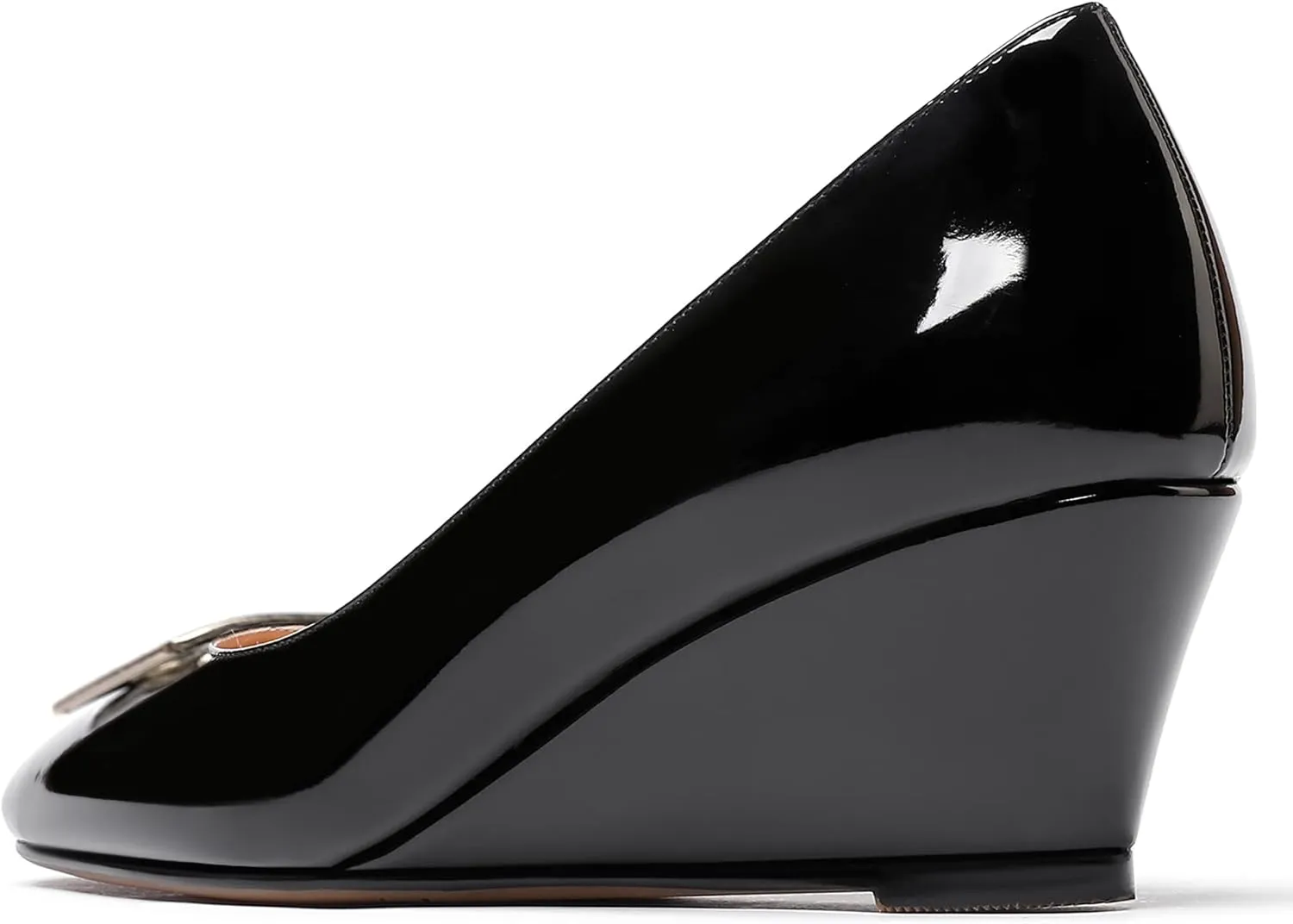 WAYDERNS Women's Patent Gold Metal Buckle Square Toe Slip On Wedge Low Heel Pumps Evening Dress Shoes 2 Inch