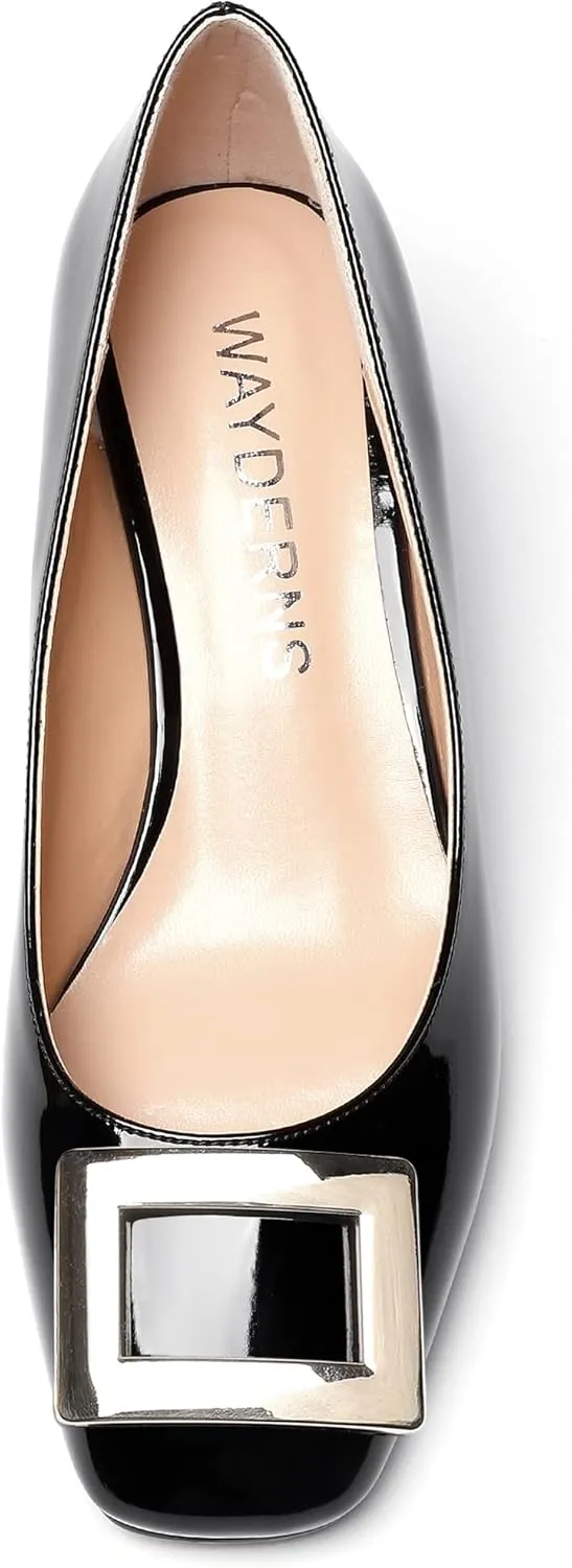 WAYDERNS Women's Patent Gold Metal Buckle Square Toe Slip On Wedge Low Heel Pumps Evening Dress Shoes 2 Inch