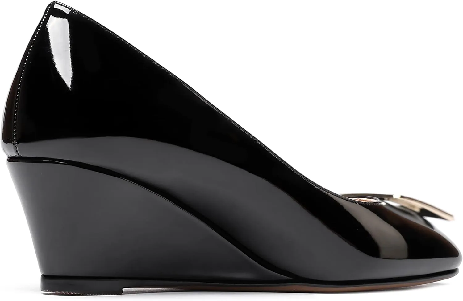WAYDERNS Women's Patent Gold Metal Buckle Square Toe Slip On Wedge Low Heel Pumps Evening Dress Shoes 2 Inch