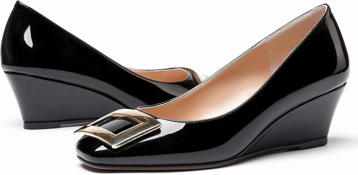 WAYDERNS Women's Patent Gold Metal Buckle Square Toe Slip On Wedge Low Heel Pumps Evening Dress Shoes 2 Inch