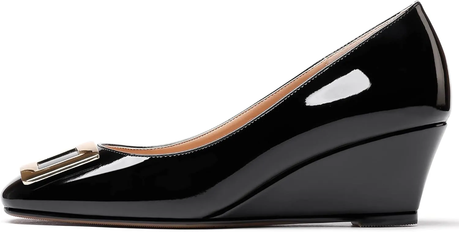 WAYDERNS Women's Patent Gold Metal Buckle Square Toe Slip On Wedge Low Heel Pumps Evening Dress Shoes 2 Inch