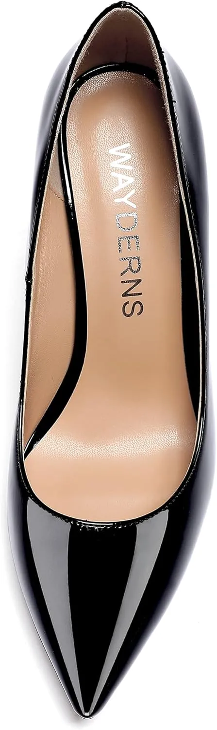 WAYDERNS Women's Patent Leather Slip On Pointed Toe Solid Stiletto High Heel Pumps Shoes 3.5 Inch