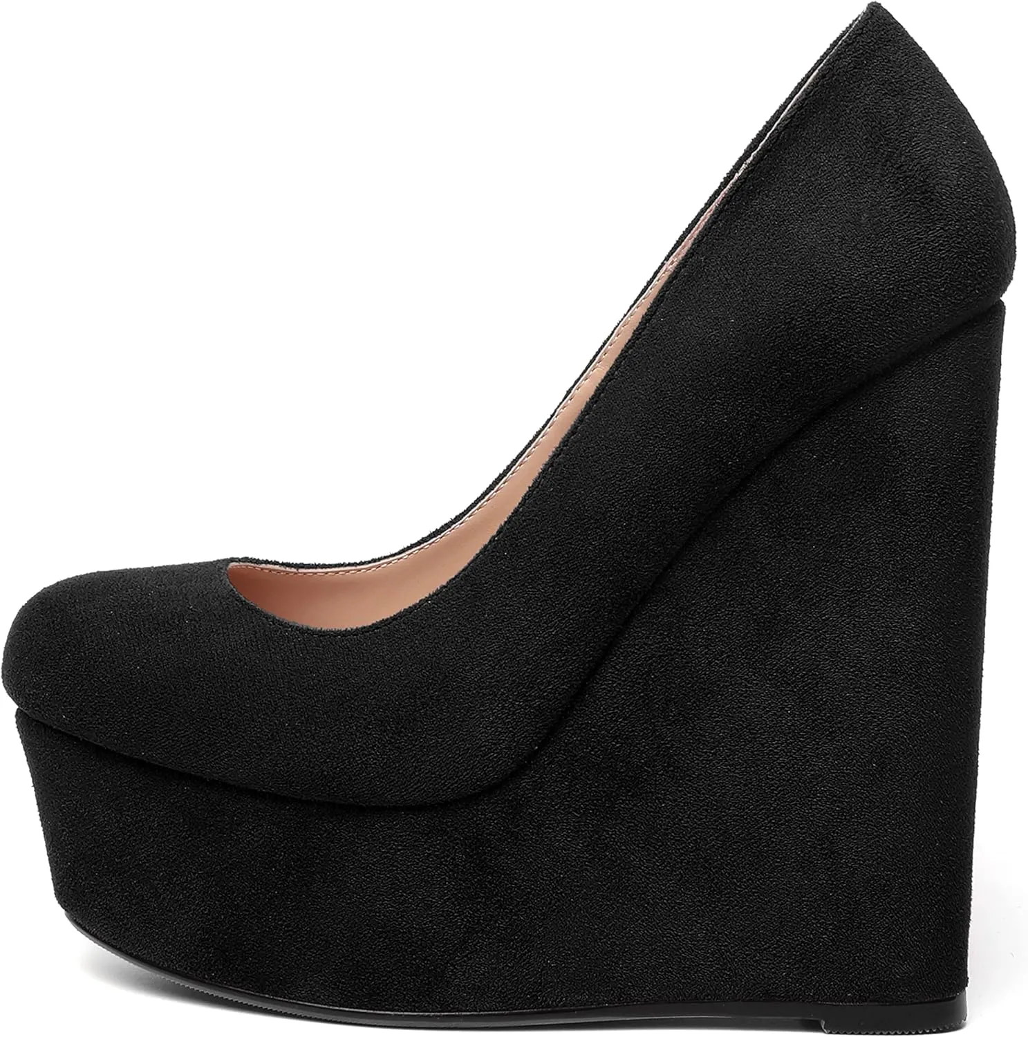 WAYDERNS Womens Platform Solid Suede Round Toe Party Slip On Fashion Wedge High Heel Pumps Shoes 6 Inch