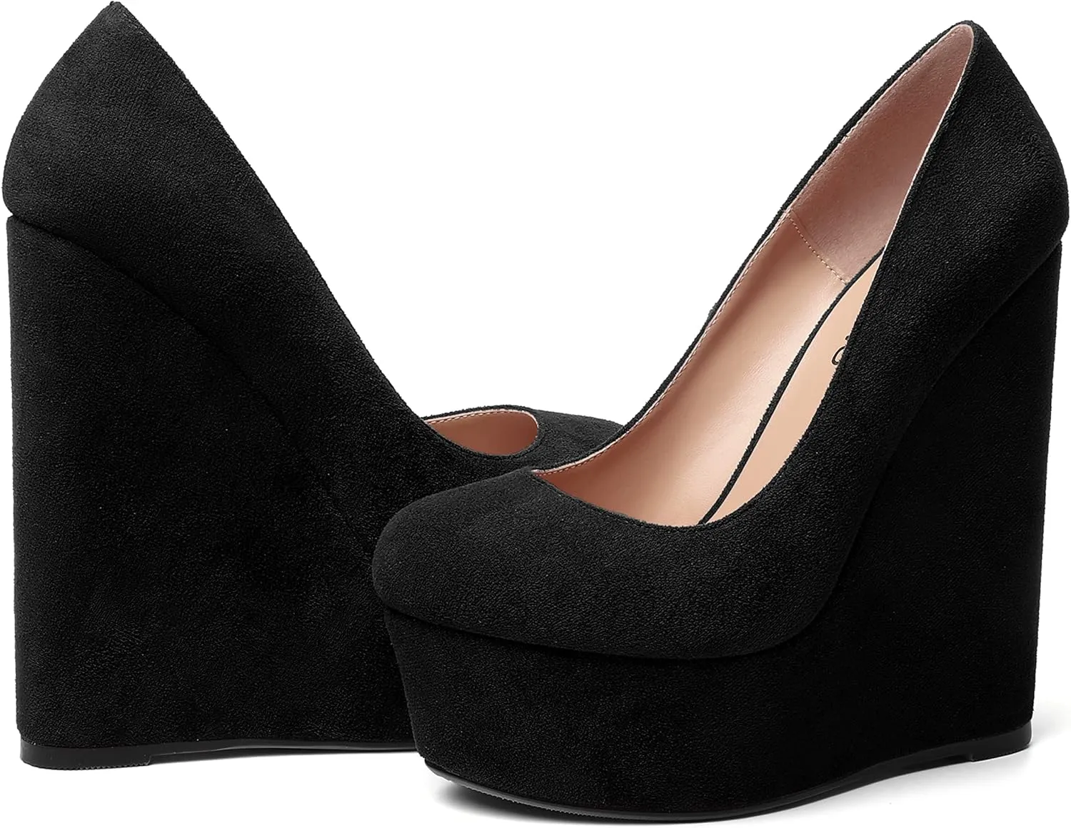WAYDERNS Womens Platform Solid Suede Round Toe Party Slip On Fashion Wedge High Heel Pumps Shoes 6 Inch