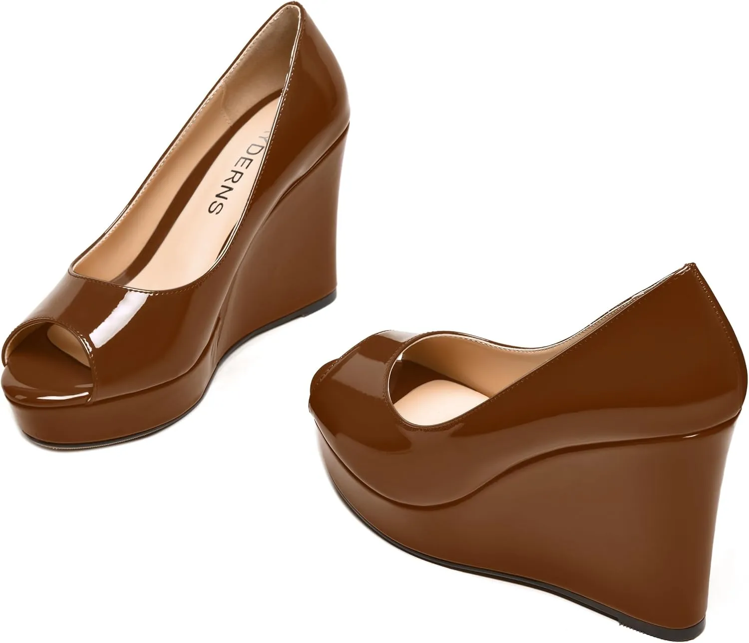 WAYDERNS Womens Slip On Patent Peep Toe Solid Wedding Dress Wedge High Heel Pumps Shoes 4 Inch Platform