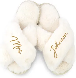WEDDINGSTAR White Custom Printed Plush Crossband Slide House Slippers