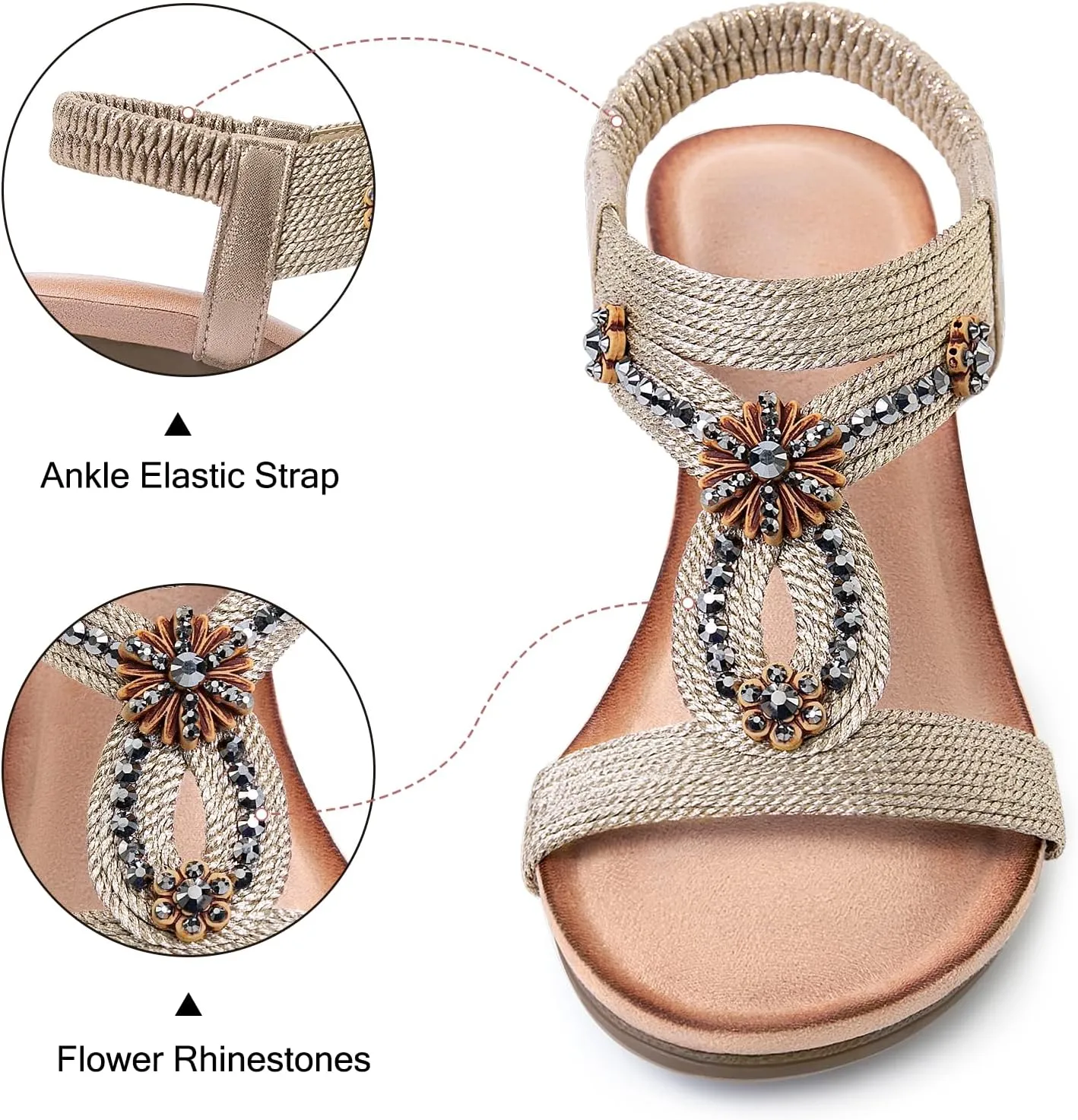 Wedge Sandals for Women Dressy, Comfortable Low Wedges Heels Ankle Strap Elastic Sandal Flower Rhinestones