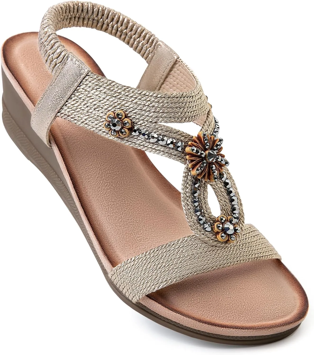 Wedge Sandals for Women Dressy, Comfortable Low Wedges Heels Ankle Strap Elastic Sandal Flower Rhinestones