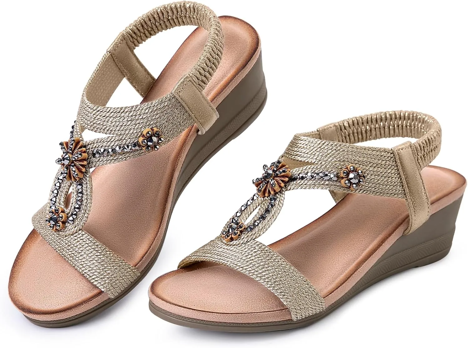 Wedge Sandals for Women Dressy, Comfortable Low Wedges Heels Ankle Strap Elastic Sandal Flower Rhinestones