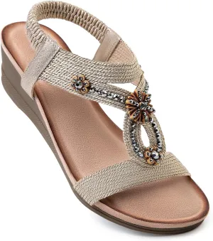 Wedge Sandals for Women Dressy, Comfortable Low Wedges Heels Ankle Strap Elastic Sandal Flower Rhinestones
