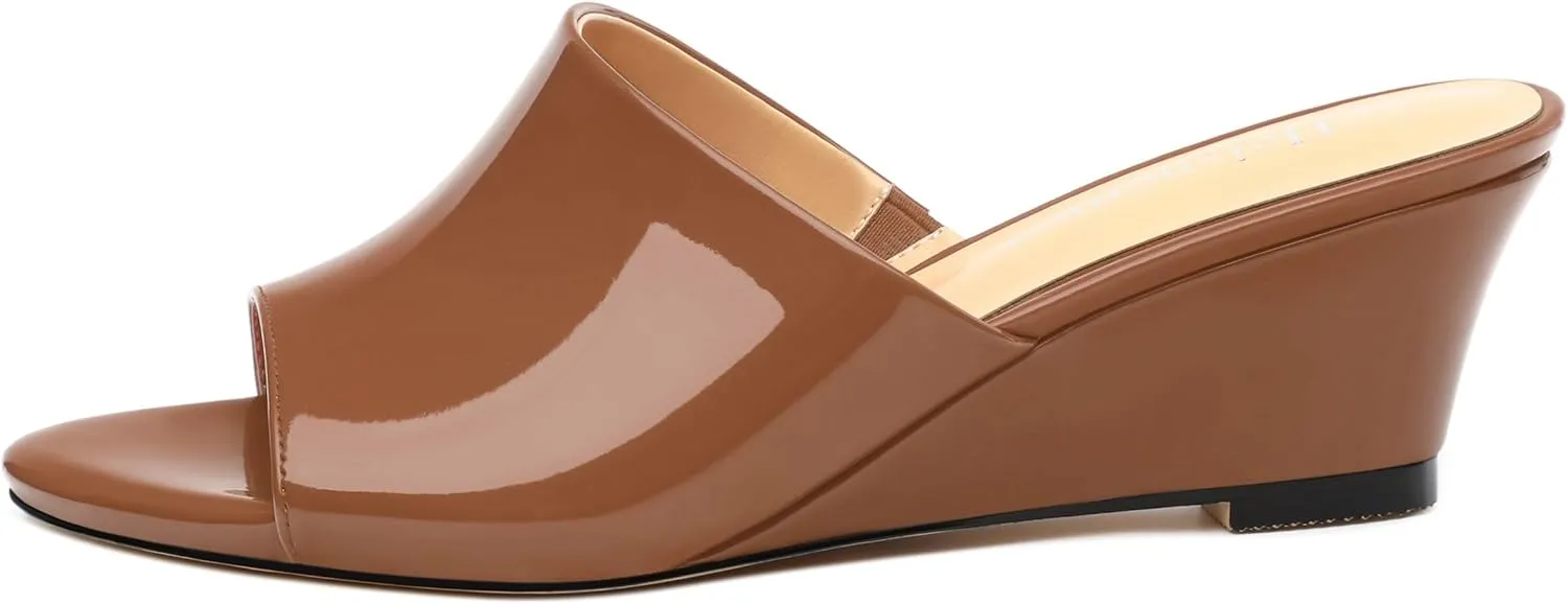 Wedge Sandals for Women Open Toe Wedge Heels Womens Patent High Heel Sandal Round Toe Heeled Wedge Sandals Slip on Casual shoes 2 inch