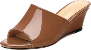 Wedge Sandals for Women Open Toe Wedge Heels Womens Patent High Heel Sandal Round Toe Heeled Wedge Sandals Slip on Casual shoes 2 inch
