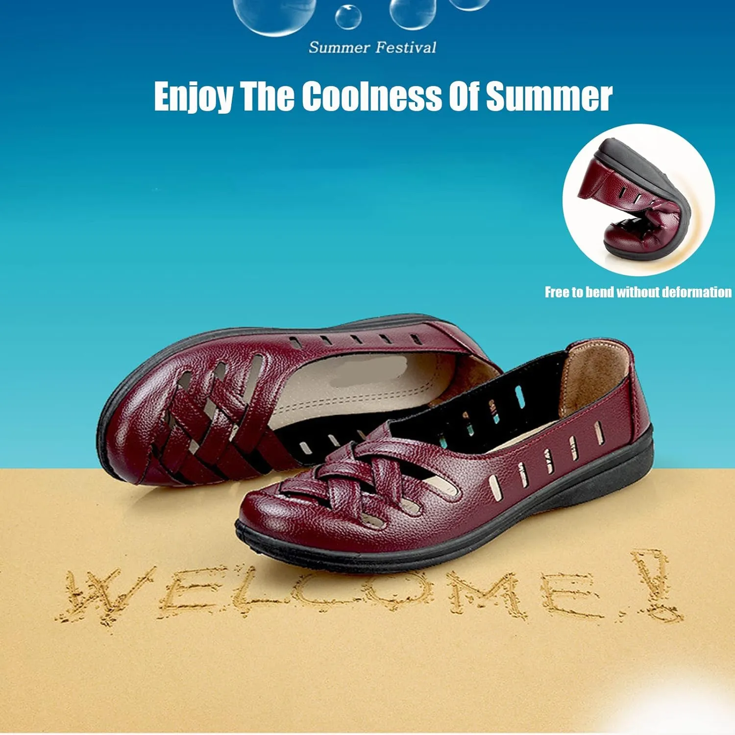 WENOREG Women's Leather Hollow Slip on Soft Flats,Summer Round Toe Comfortable Breathable Lazy Non Slip Walking Loafers Non-Slip Work Shoes