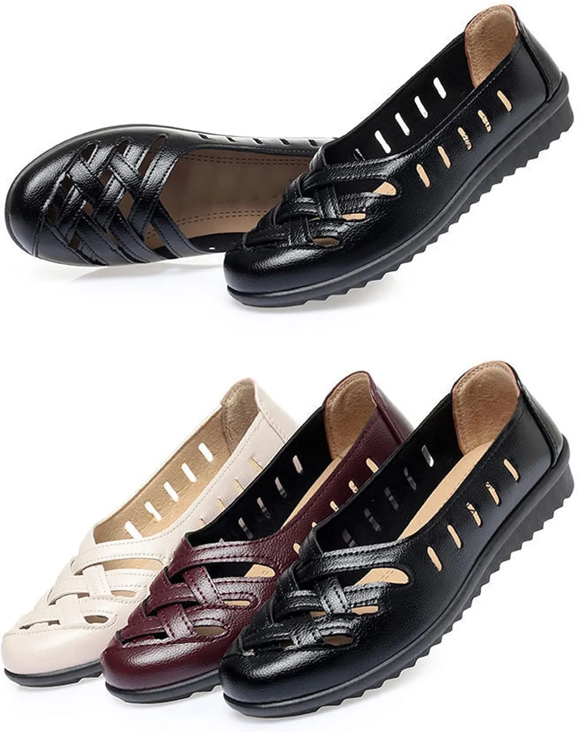 WENOREG Women's Leather Hollow Slip on Soft Flats,Summer Round Toe Comfortable Breathable Lazy Non Slip Walking Loafers Non-Slip Work Shoes