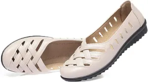 WENOREG Women's Leather Hollow Slip on Soft Flats,Summer Round Toe Comfortable Breathable Lazy Non Slip Walking Loafers Non-Slip Work Shoes