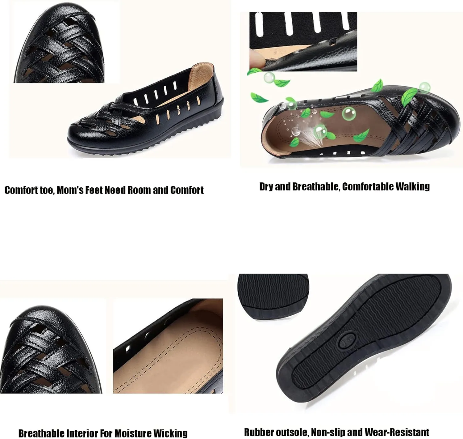 WENOREG Women's Leather Hollow Slip on Soft Flats,Summer Round Toe Comfortable Breathable Lazy Non Slip Walking Loafers Non-Slip Work Shoes