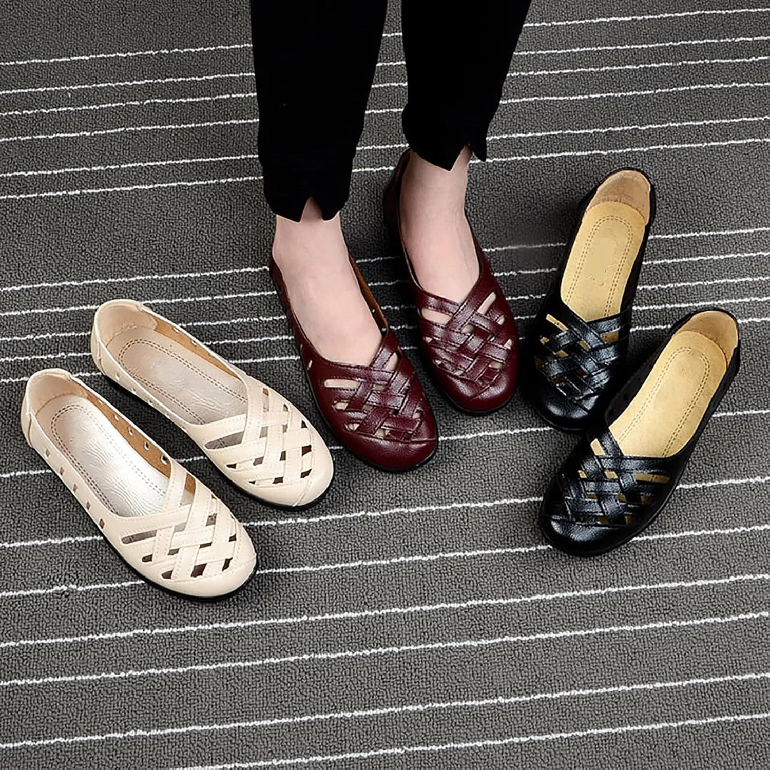 WENOREG Women's Leather Hollow Slip on Soft Flats,Summer Round Toe Comfortable Breathable Lazy Non Slip Walking Loafers Non-Slip Work Shoes