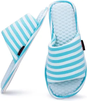 Wide Fit Open-Toe Massage Slippers for Women – Breathable Knit Fabric, Cozy Memory Foam, Non-Slip Indoor House Slides