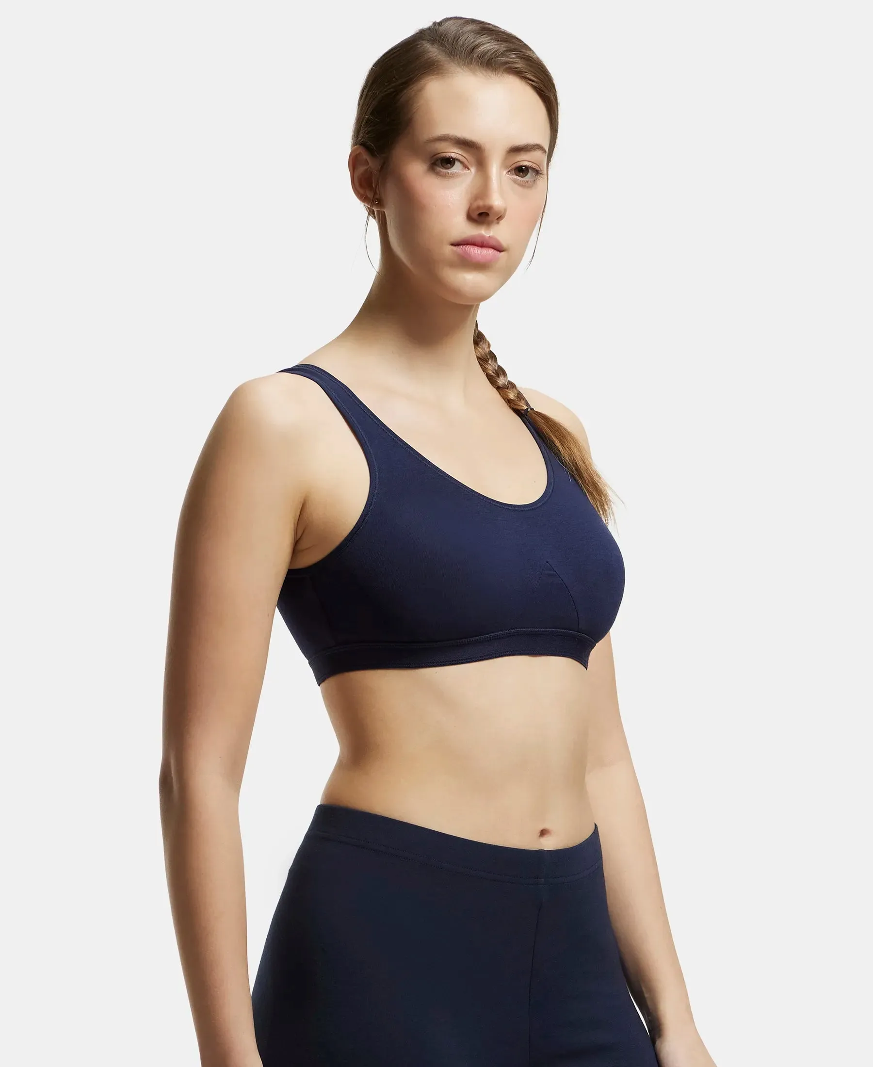 Wirefree Non Padded Super Combed Cotton Elastane Stretch Full Coverage Slip-On Active Bra with Wider Straps and Moisture Move Treatment - Navy Blazer