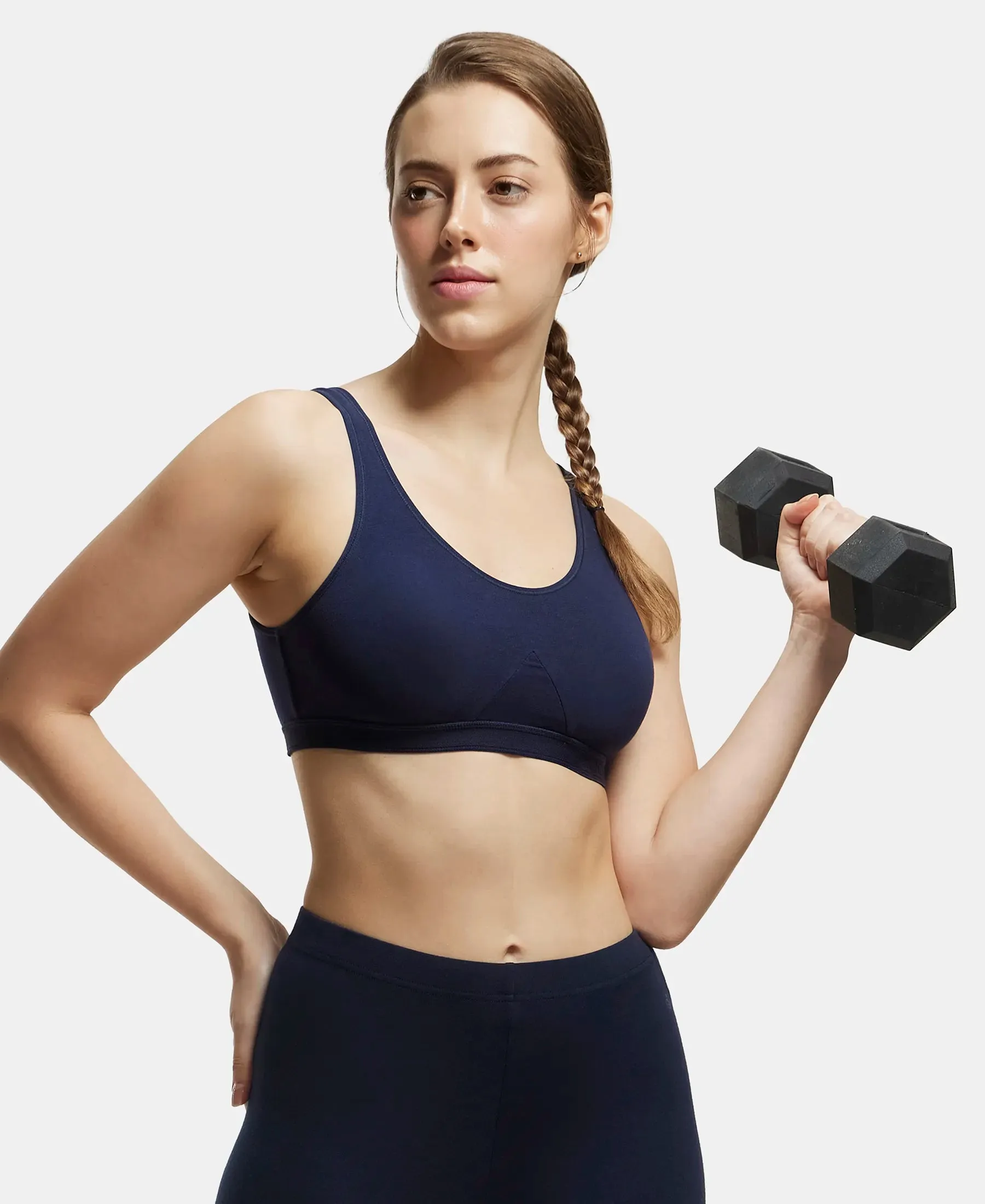 Wirefree Non Padded Super Combed Cotton Elastane Stretch Full Coverage Slip-On Active Bra with Wider Straps and Moisture Move Treatment - Navy Blazer