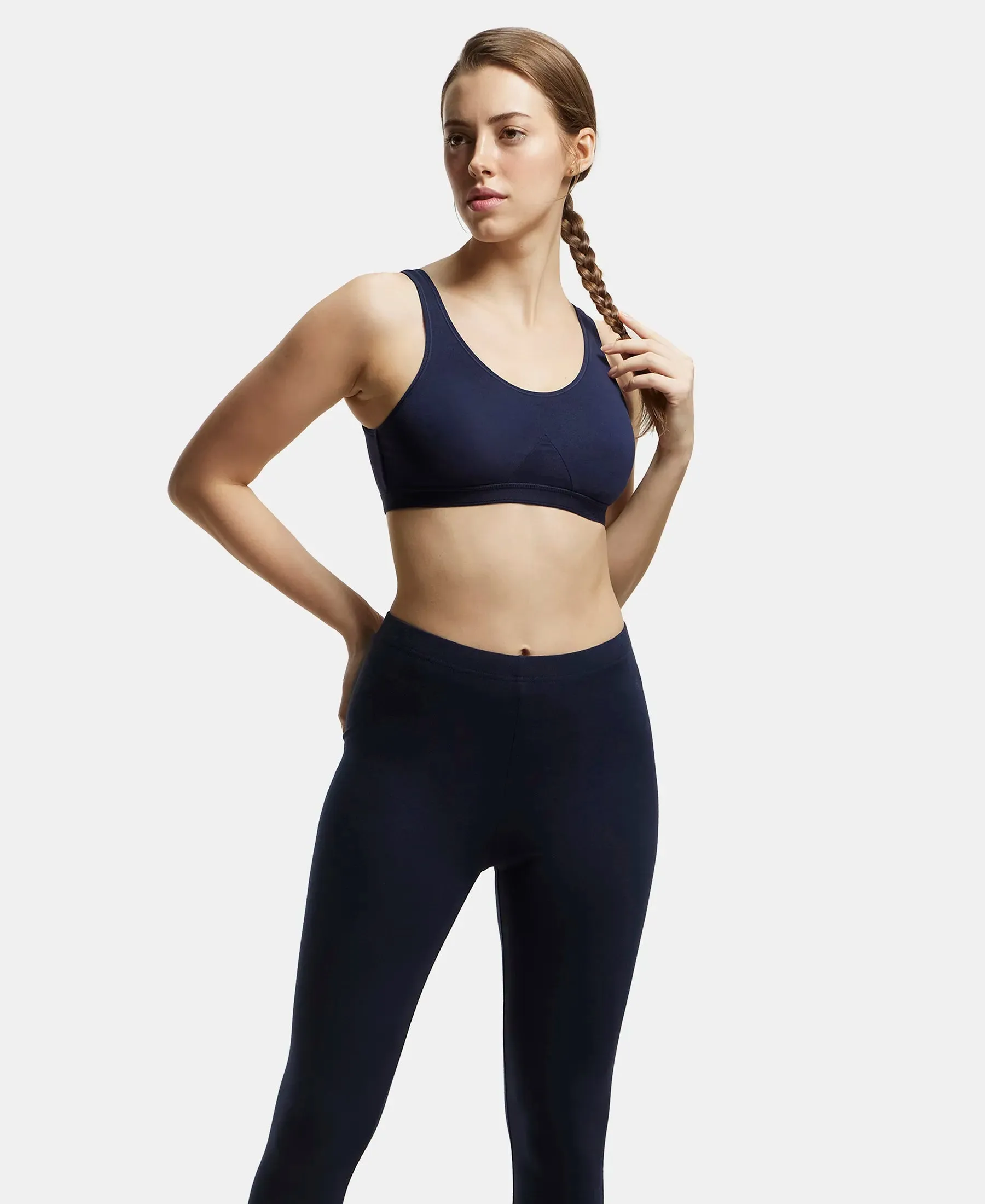 Wirefree Non Padded Super Combed Cotton Elastane Stretch Full Coverage Slip-On Active Bra with Wider Straps and Moisture Move Treatment - Navy Blazer
