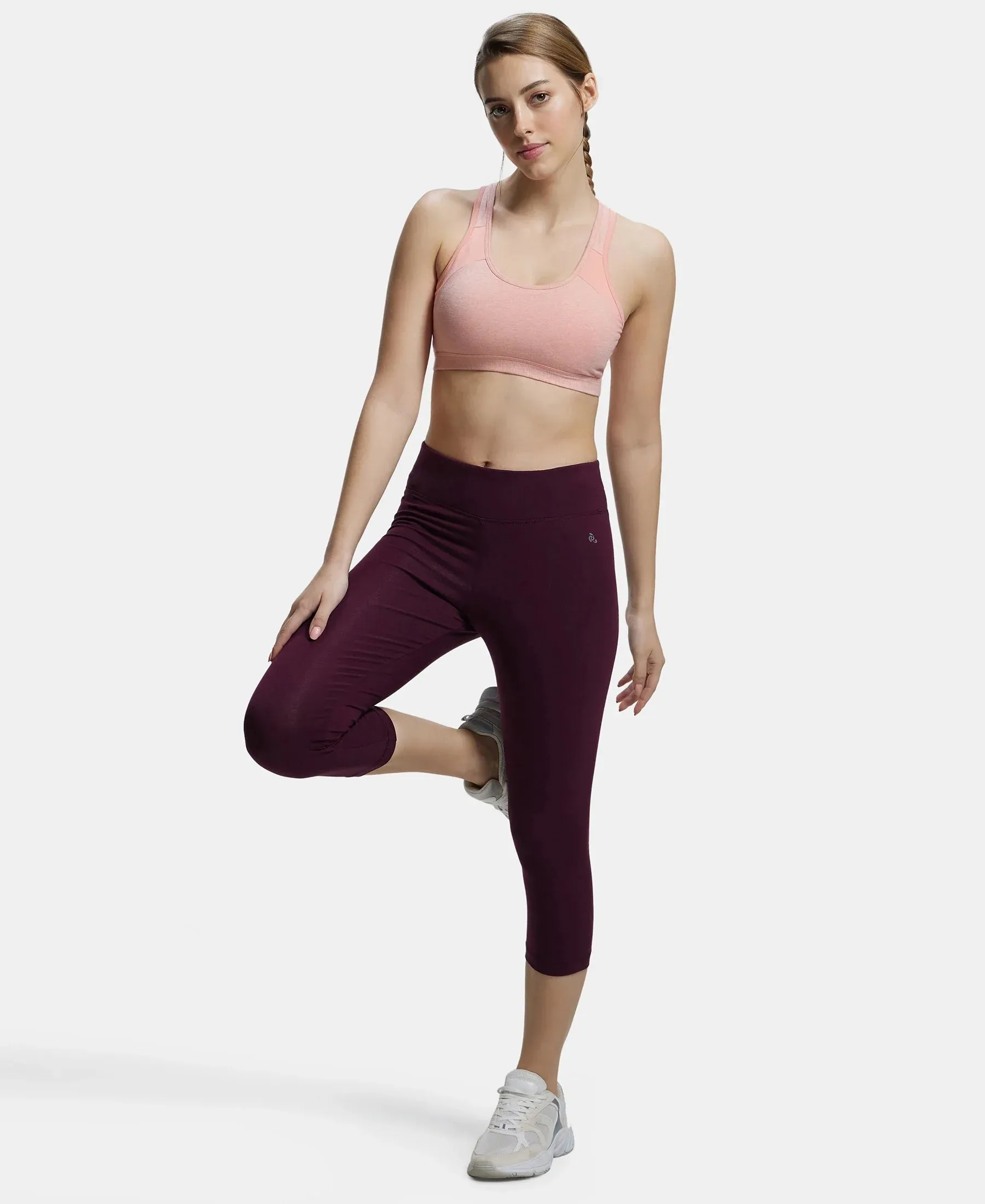 Wirefree Padded Super Combed Cotton Elastane Stretch Full Coverage Racer Back Styling Active Bra with StayFresh and Moisture Move Treatment - Desert Flower Melange & Coral