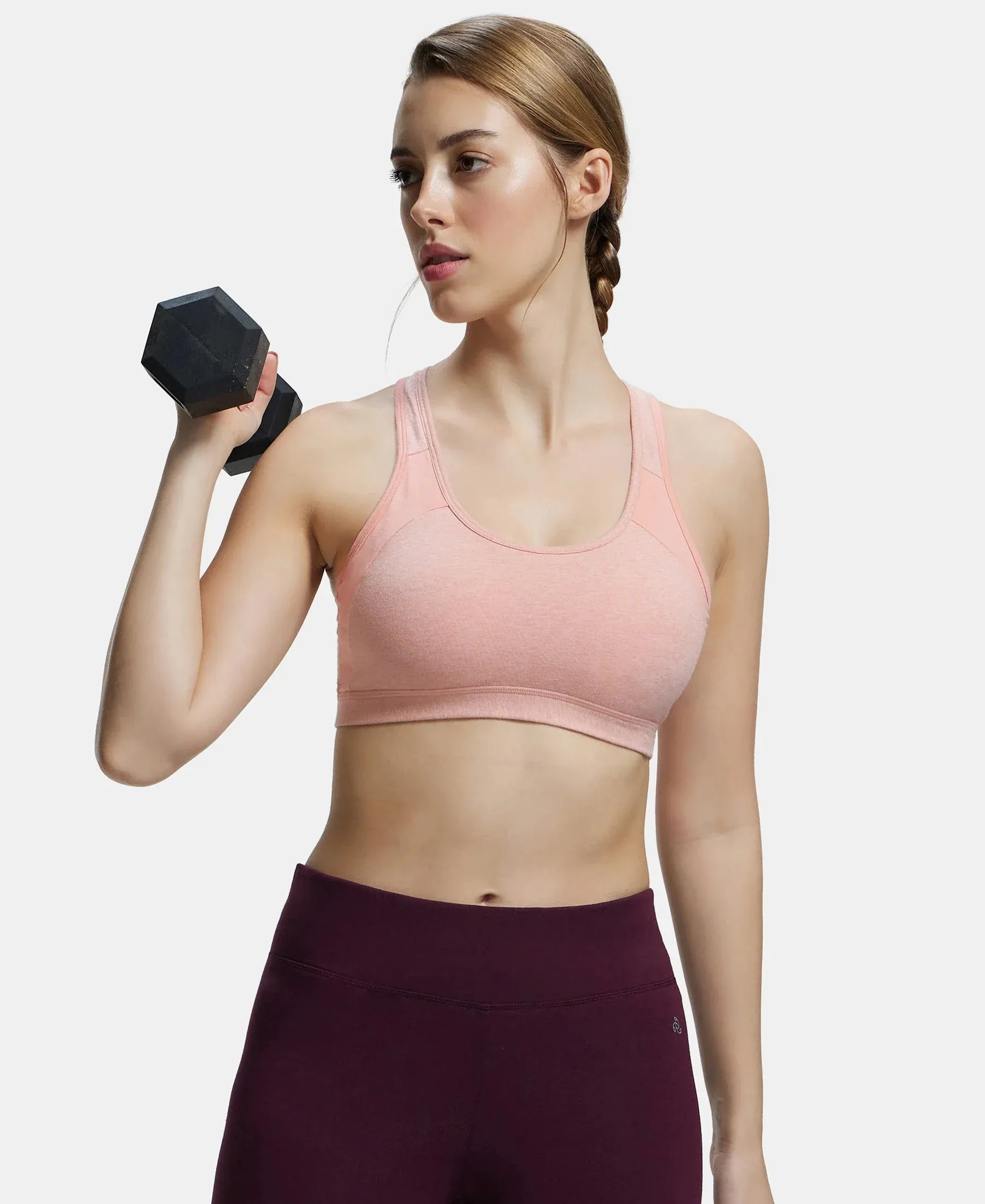Wirefree Padded Super Combed Cotton Elastane Stretch Full Coverage Racer Back Styling Active Bra with StayFresh and Moisture Move Treatment - Desert Flower Melange & Coral