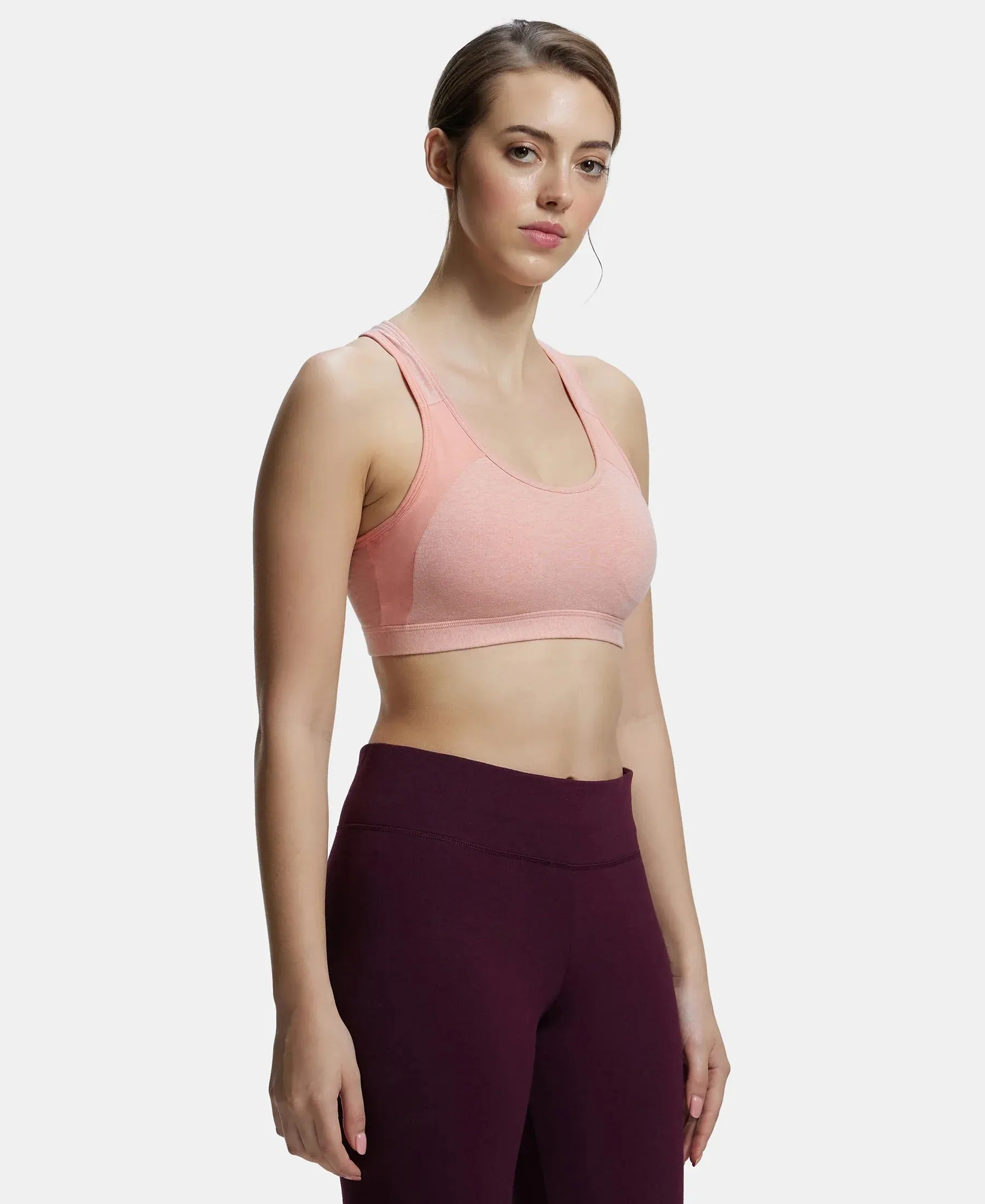 Wirefree Padded Super Combed Cotton Elastane Stretch Full Coverage Racer Back Styling Active Bra with StayFresh and Moisture Move Treatment - Desert Flower Melange & Coral