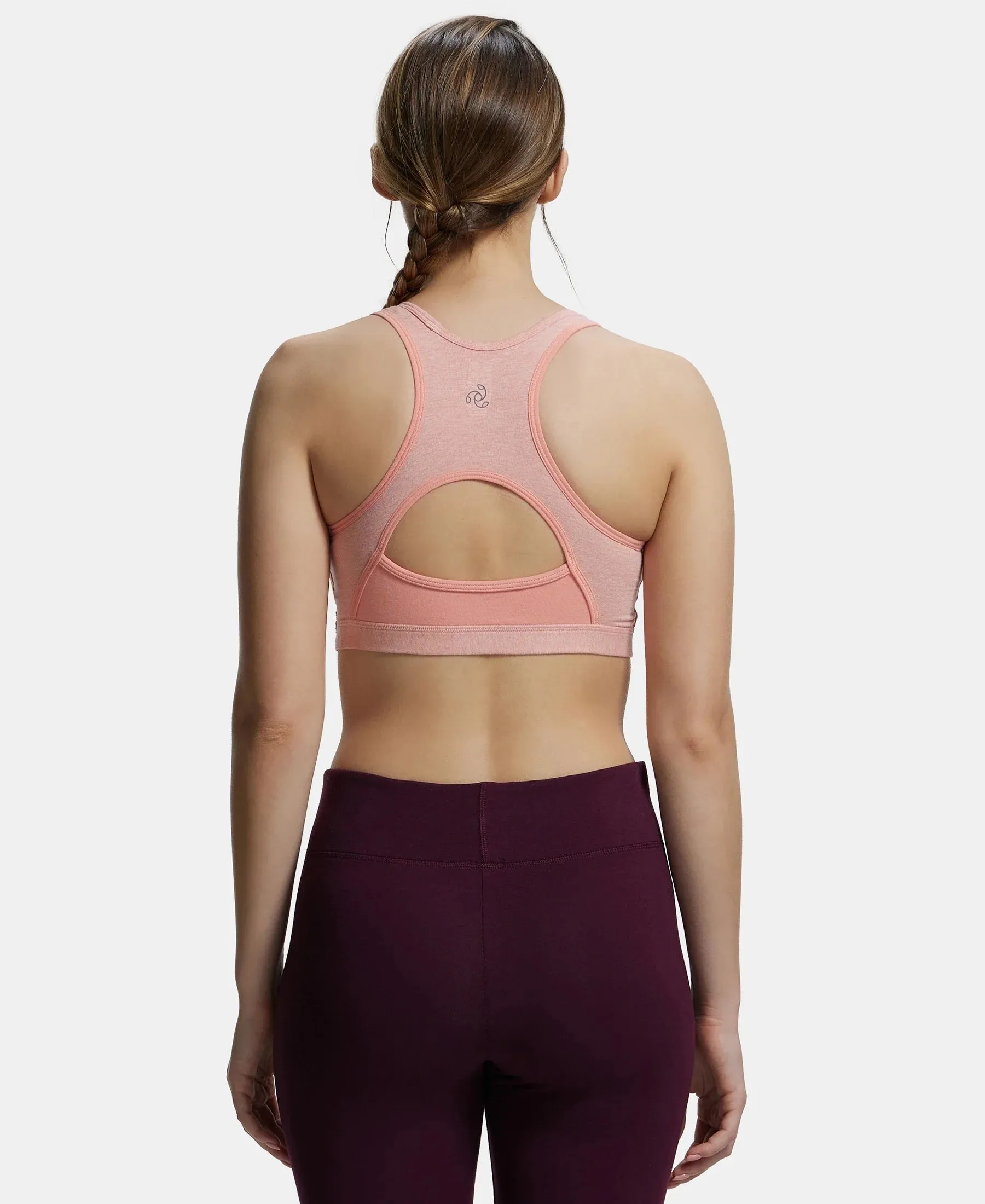 Wirefree Padded Super Combed Cotton Elastane Stretch Full Coverage Racer Back Styling Active Bra with StayFresh and Moisture Move Treatment - Desert Flower Melange & Coral