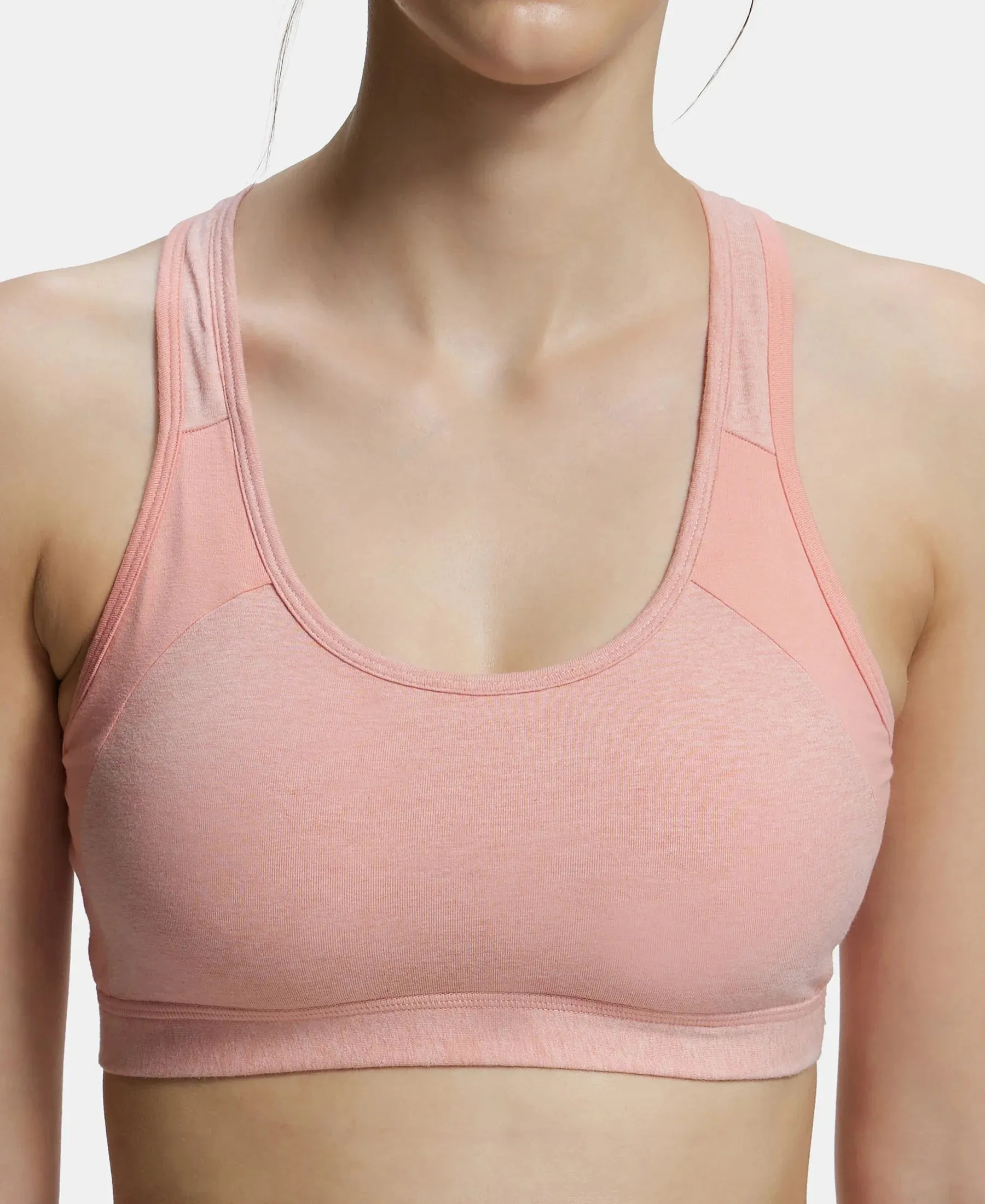 Wirefree Padded Super Combed Cotton Elastane Stretch Full Coverage Racer Back Styling Active Bra with StayFresh and Moisture Move Treatment - Desert Flower Melange & Coral