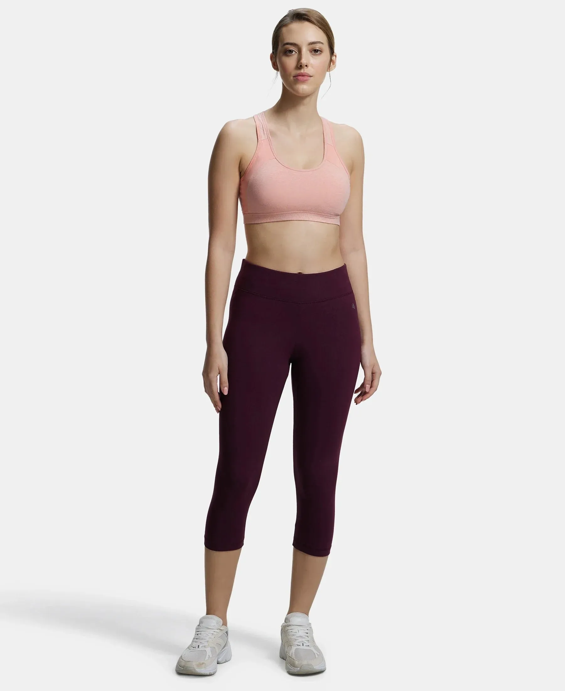 Wirefree Padded Super Combed Cotton Elastane Stretch Full Coverage Racer Back Styling Active Bra with StayFresh and Moisture Move Treatment - Desert Flower Melange & Coral