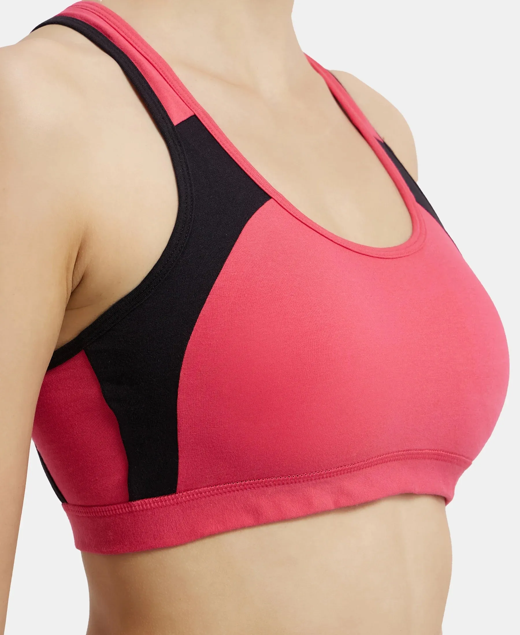 Wirefree Padded Super Combed Cotton Elastane Stretch Full Coverage Racer Back Styling Active Bra with StayFresh and Moisture Move Treatment - Ruby & Black