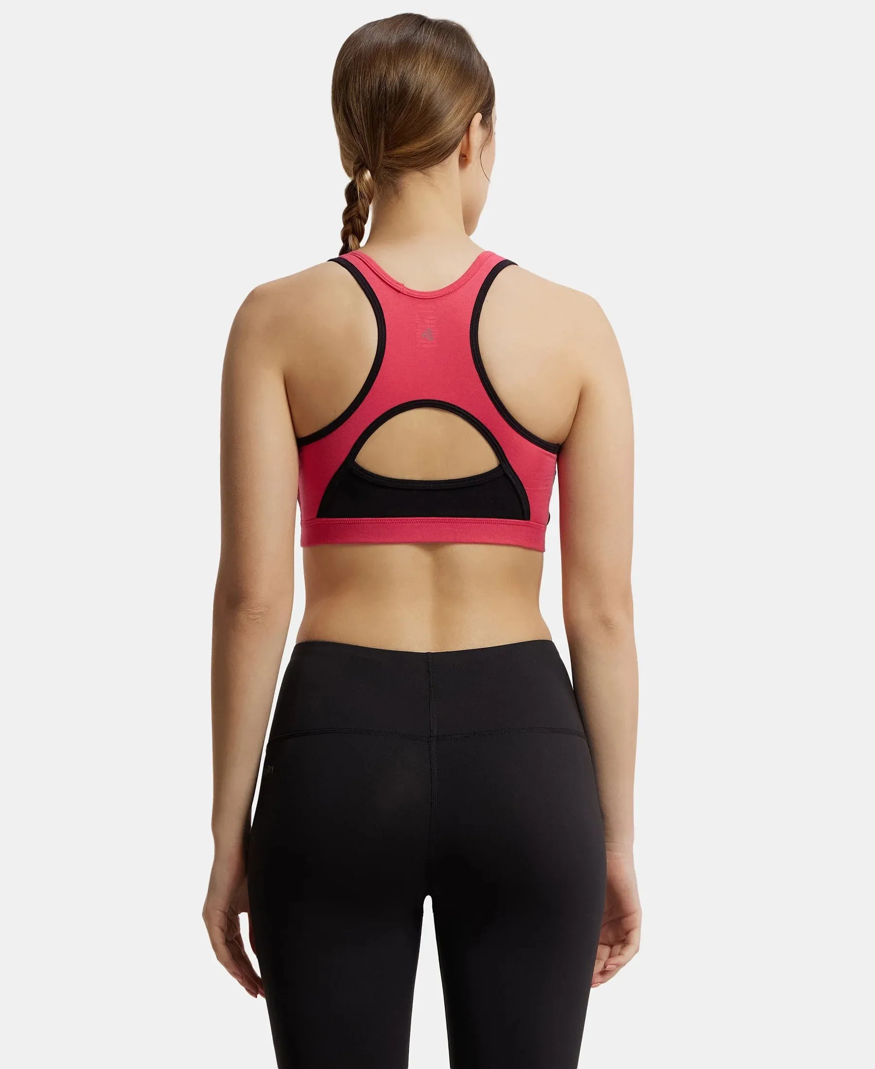 Wirefree Padded Super Combed Cotton Elastane Stretch Full Coverage Racer Back Styling Active Bra with StayFresh and Moisture Move Treatment - Ruby & Black