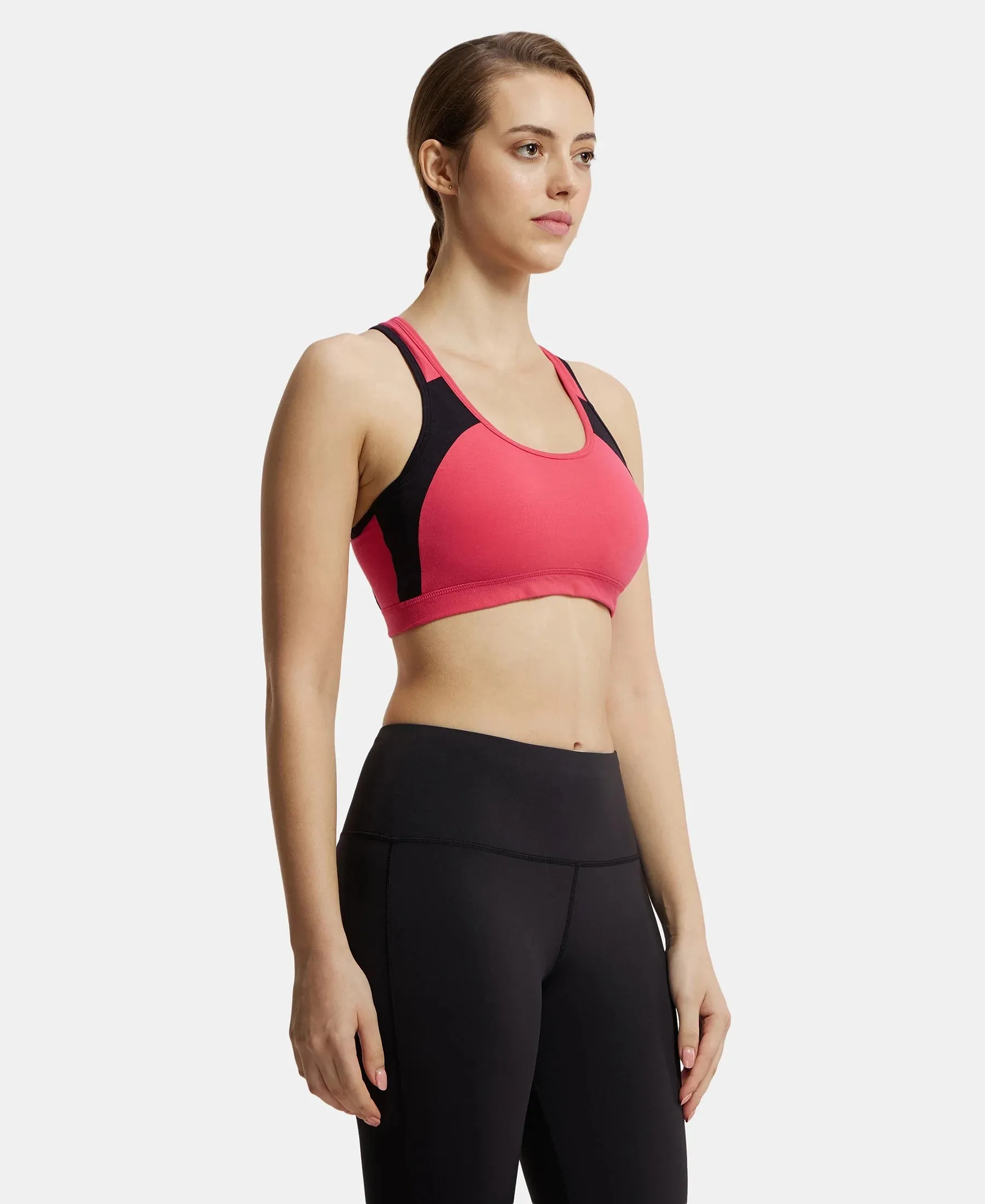 Wirefree Padded Super Combed Cotton Elastane Stretch Full Coverage Racer Back Styling Active Bra with StayFresh and Moisture Move Treatment - Ruby & Black