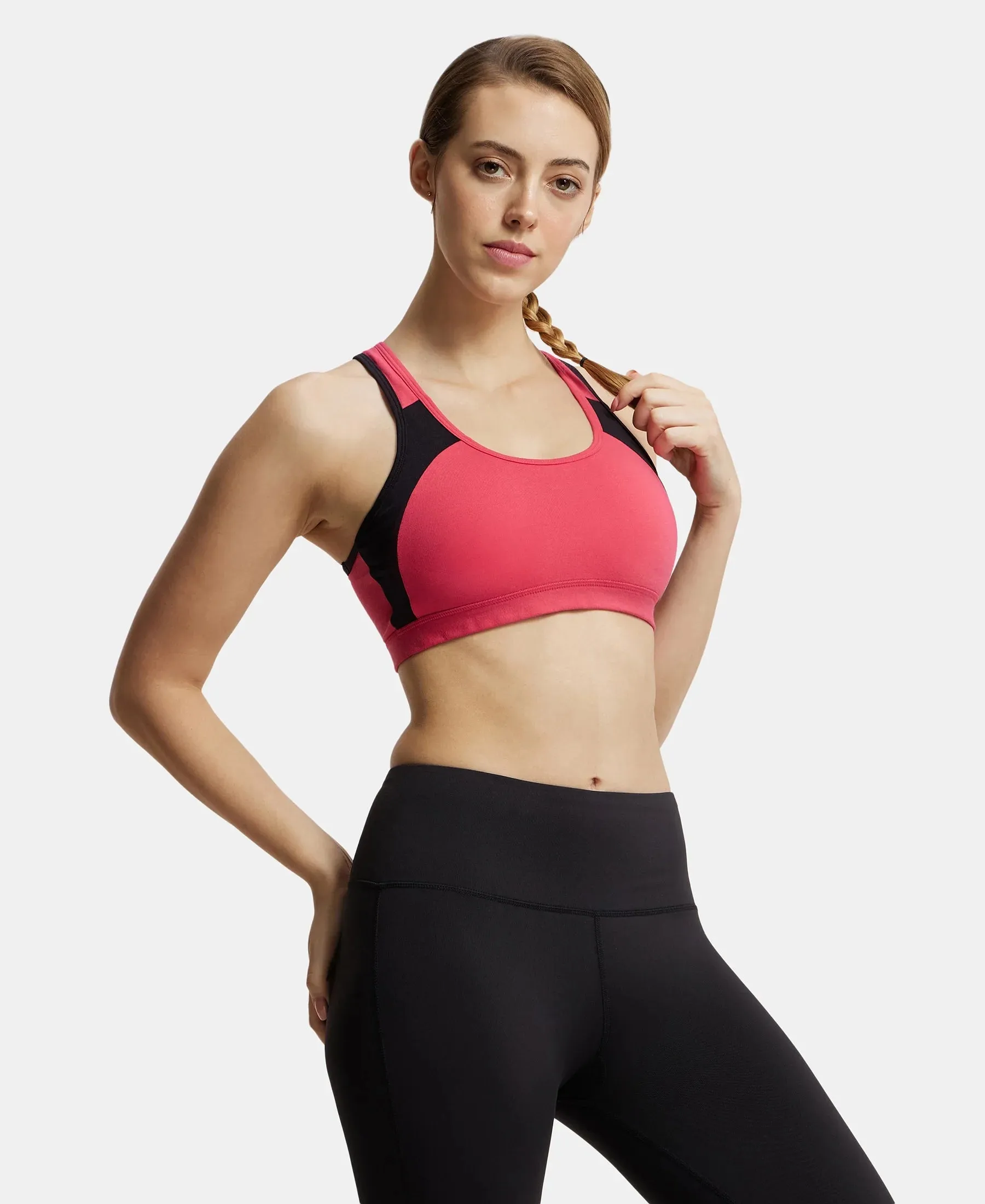 Wirefree Padded Super Combed Cotton Elastane Stretch Full Coverage Racer Back Styling Active Bra with StayFresh and Moisture Move Treatment - Ruby & Black