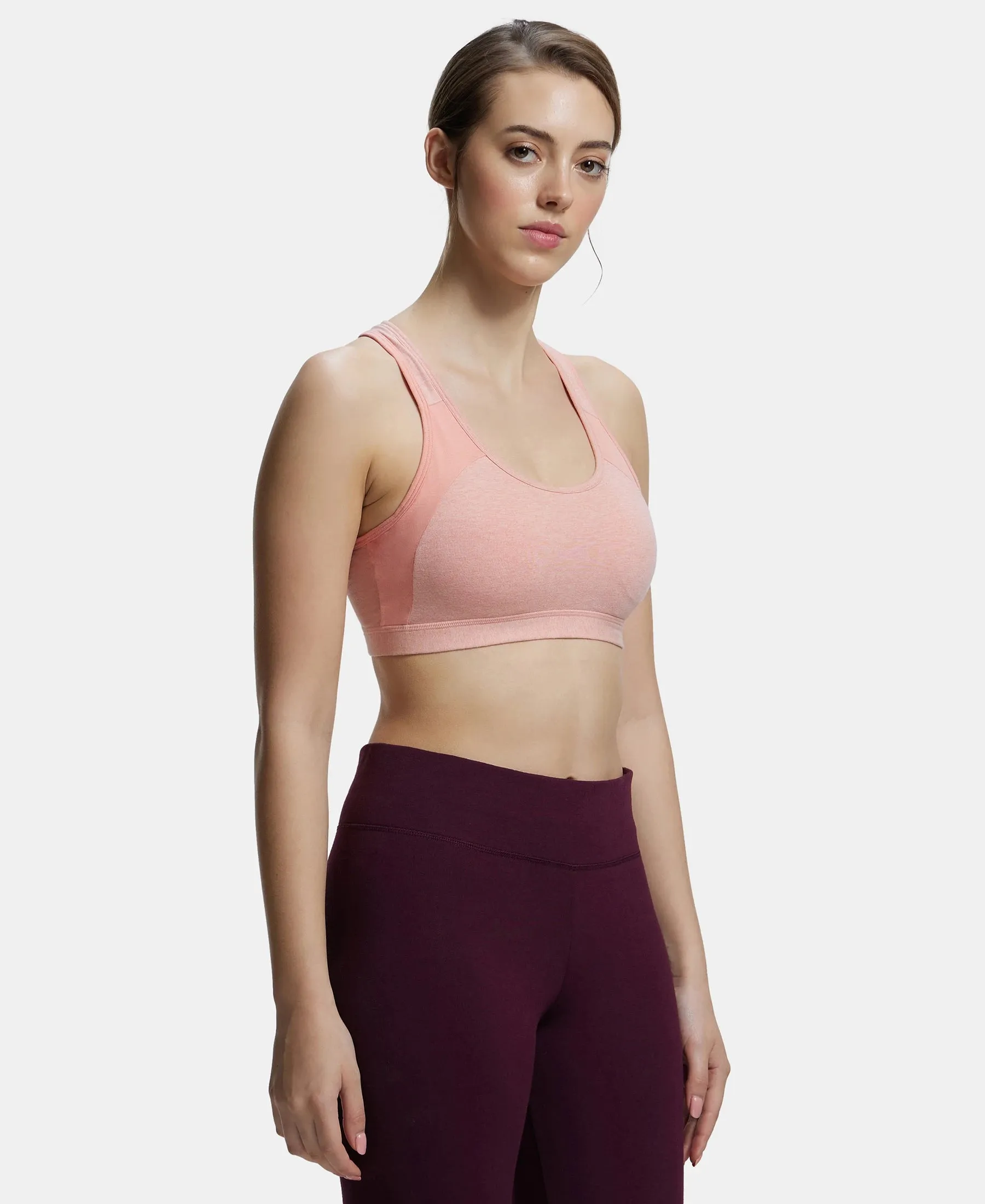 Wirefree Padded Super Combed Cotton Elastane Stretch Full Coverage Racerback Styling Active Bra with StayFresh and Moisture Move Treatment - Desert Flower Melange & Coral