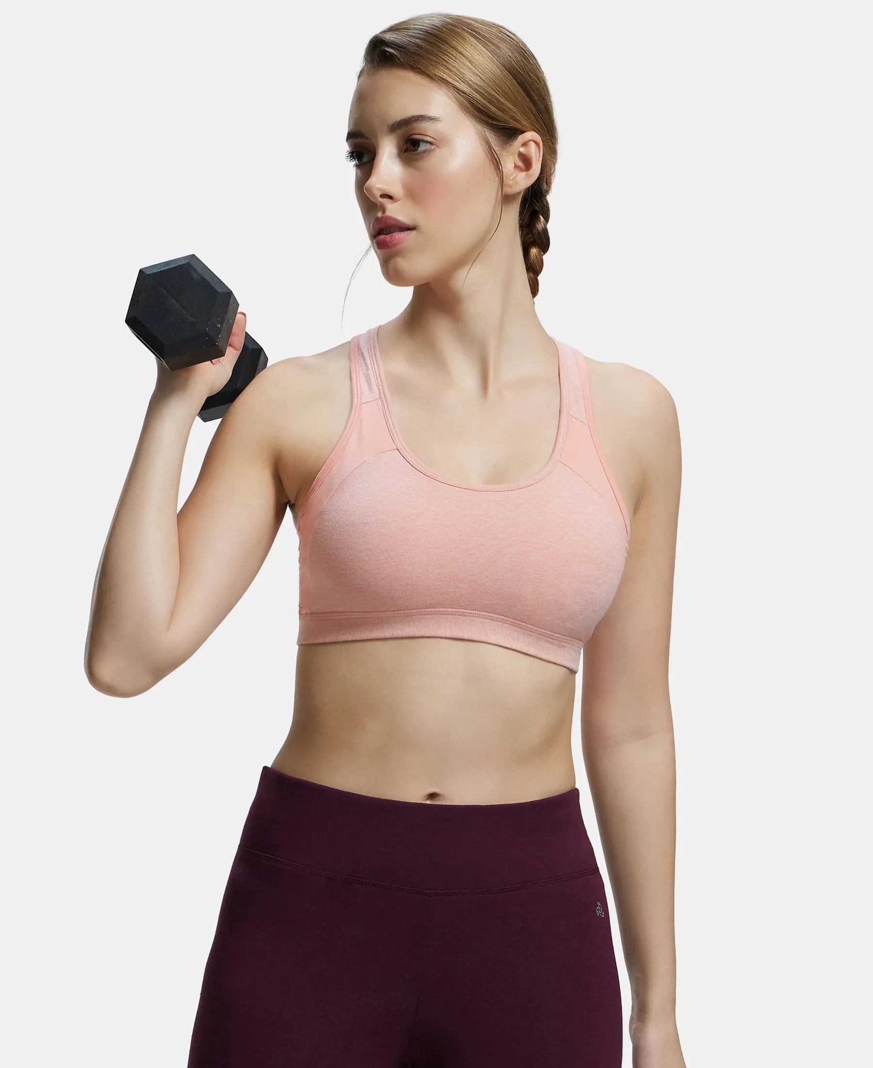 Wirefree Padded Super Combed Cotton Elastane Stretch Full Coverage Racerback Styling Active Bra with StayFresh and Moisture Move Treatment - Desert Flower Melange & Coral