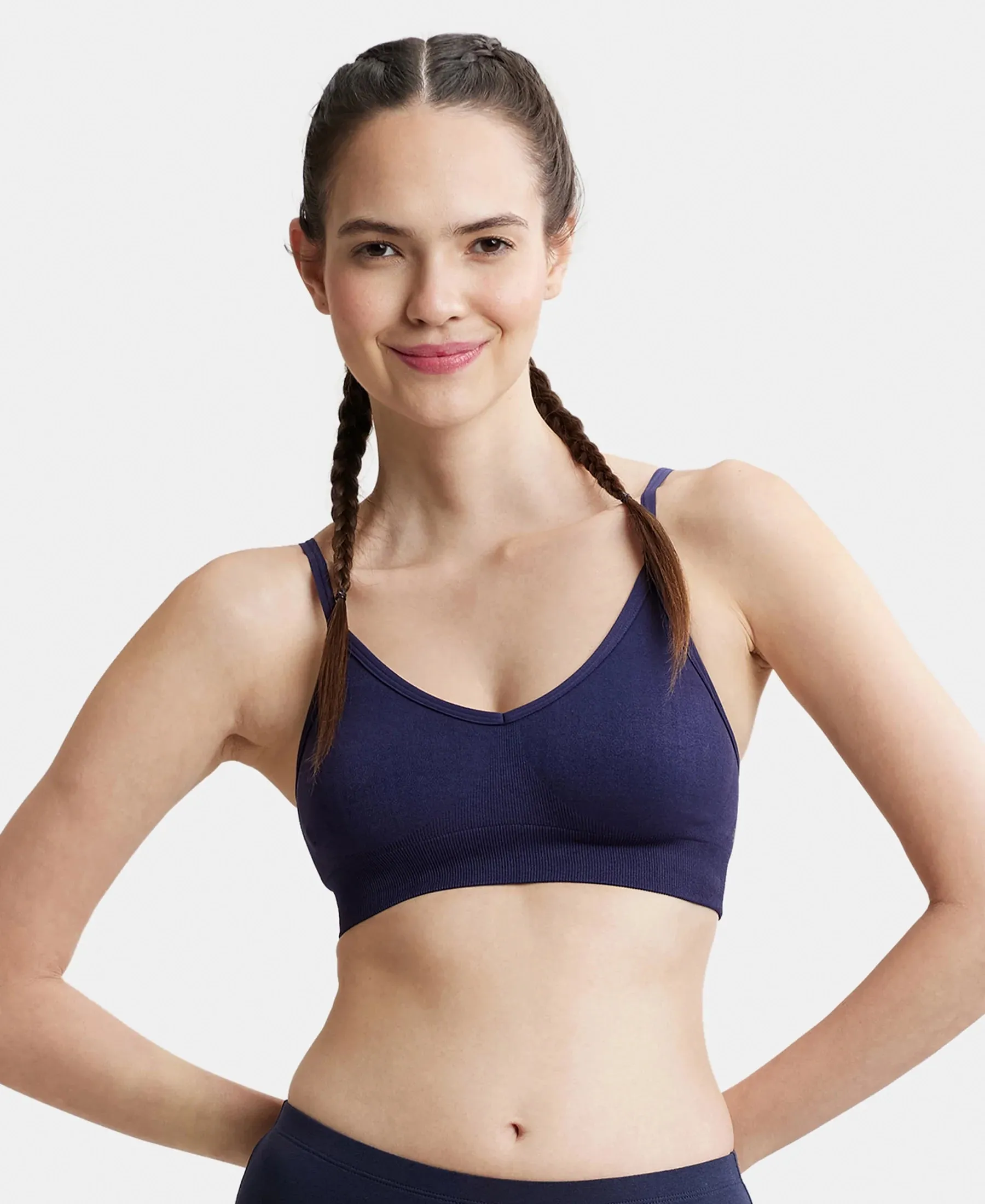 Wirefree Seamfree Non Padded Micro Touch Nylon Elastane Stretch Full Coverage Bra with Optional Cross Back Styling - Classic Navy