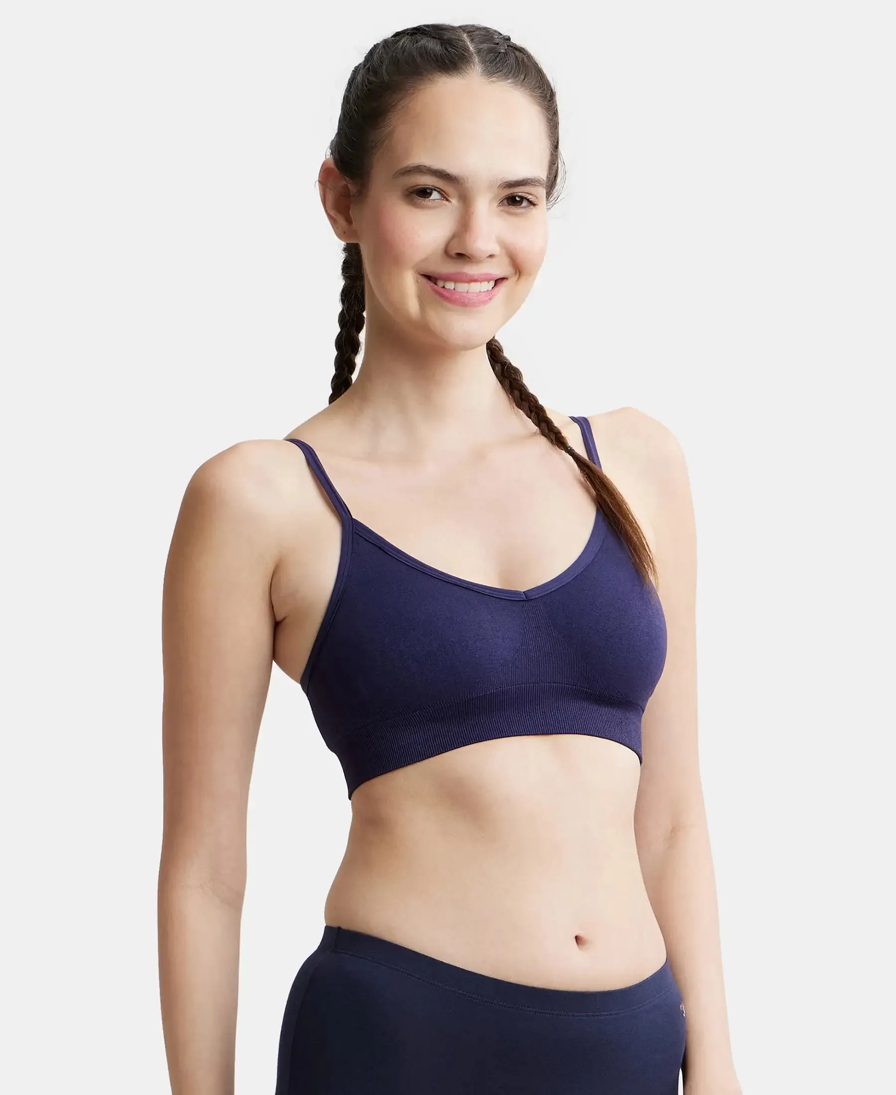 Wirefree Seamfree Non Padded Micro Touch Nylon Elastane Stretch Full Coverage Bra with Optional Cross Back Styling - Classic Navy