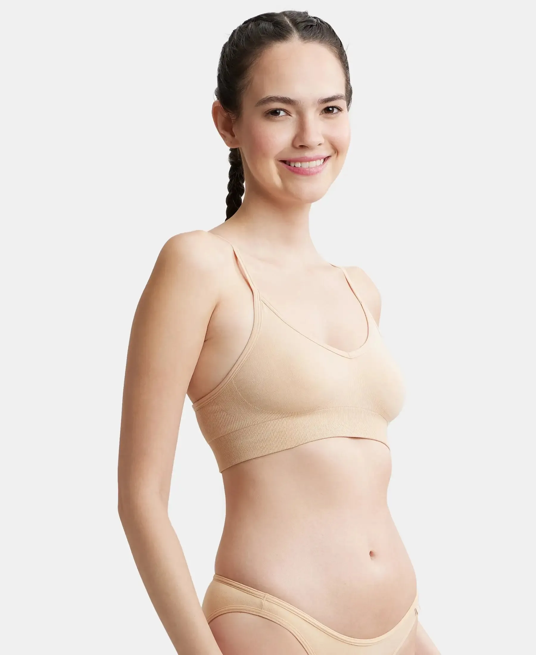 Wirefree Seamfree Non Padded Micro Touch Nylon Elastane Stretch Full Coverage Bra with Optional Cross Back Styling - Skin