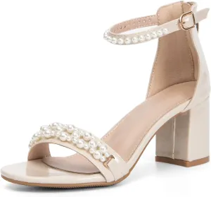WOJWSKI Women's Heels Sandals for Women Open Toe Fashion Pearls Platform Heeled Sandals Ankle Strap Block Chunky Low Heel Pump Sandal Party Wedding Dress Shoe