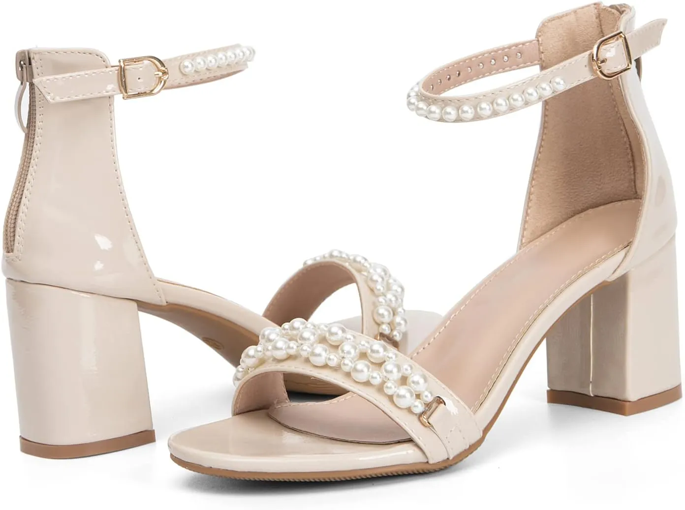 WOJWSKI Women's Heels Sandals for Women Open Toe Fashion Pearls Platform Heeled Sandals Ankle Strap Block Chunky Low Heel Pump Sandal Party Wedding Dress Shoe