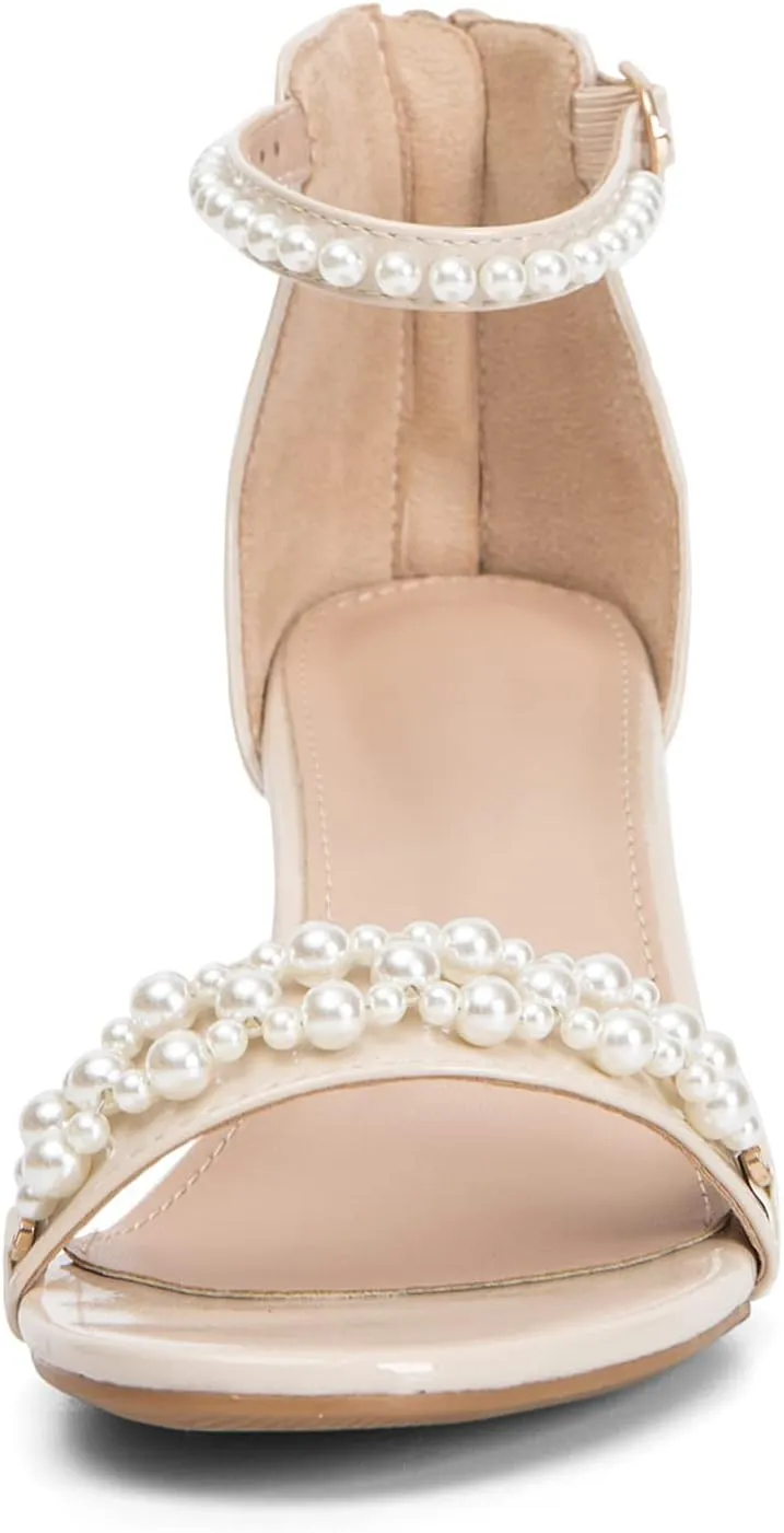 WOJWSKI Women's Heels Sandals for Women Open Toe Fashion Pearls Platform Heeled Sandals Ankle Strap Block Chunky Low Heel Pump Sandal Party Wedding Dress Shoe