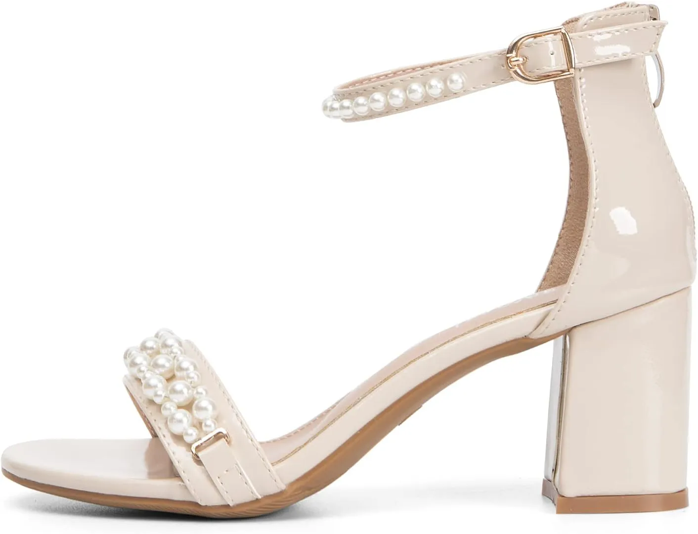 WOJWSKI Women's Heels Sandals for Women Open Toe Fashion Pearls Platform Heeled Sandals Ankle Strap Block Chunky Low Heel Pump Sandal Party Wedding Dress Shoe