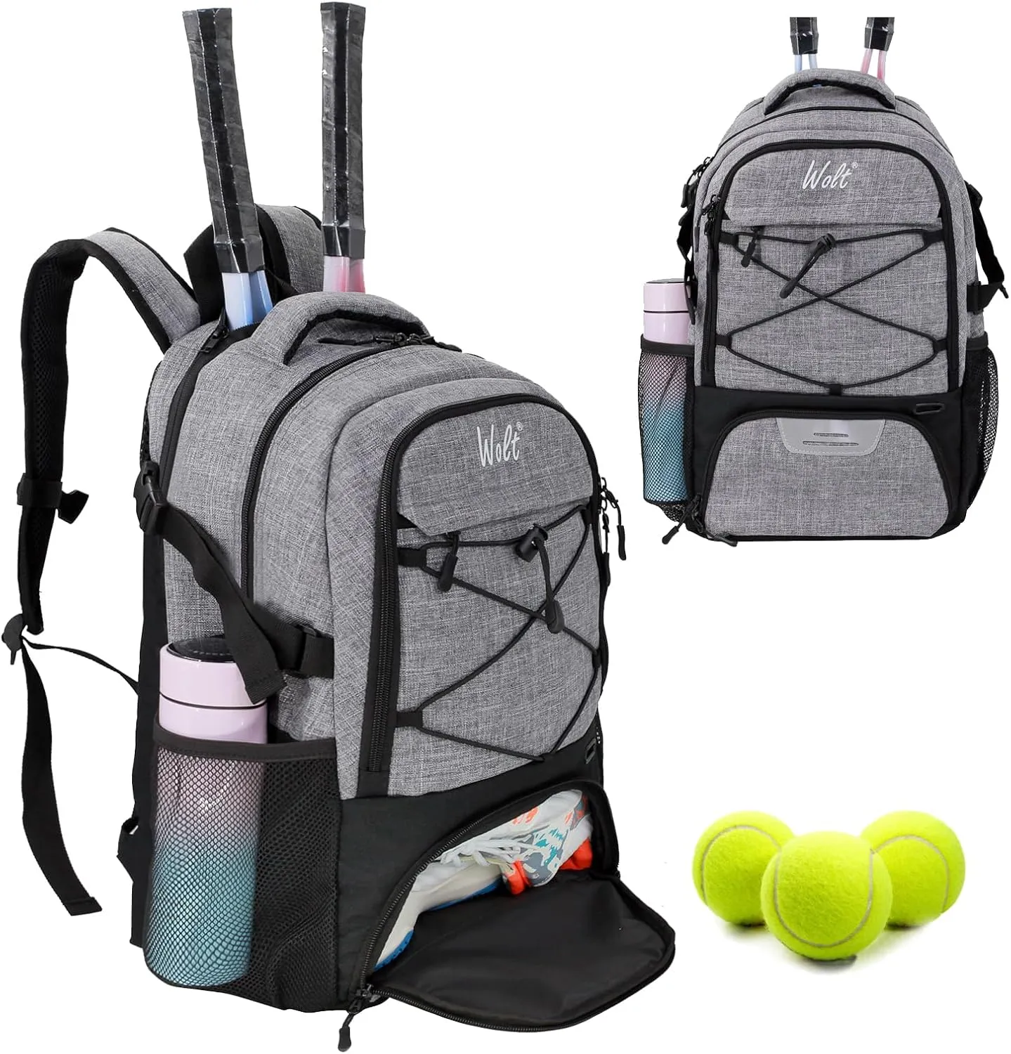 WOLT Tennis Bag - Large Tennis Racket Backpack for Men & Women - Ventilated Shoe Compartment - Holds 2 Rackets