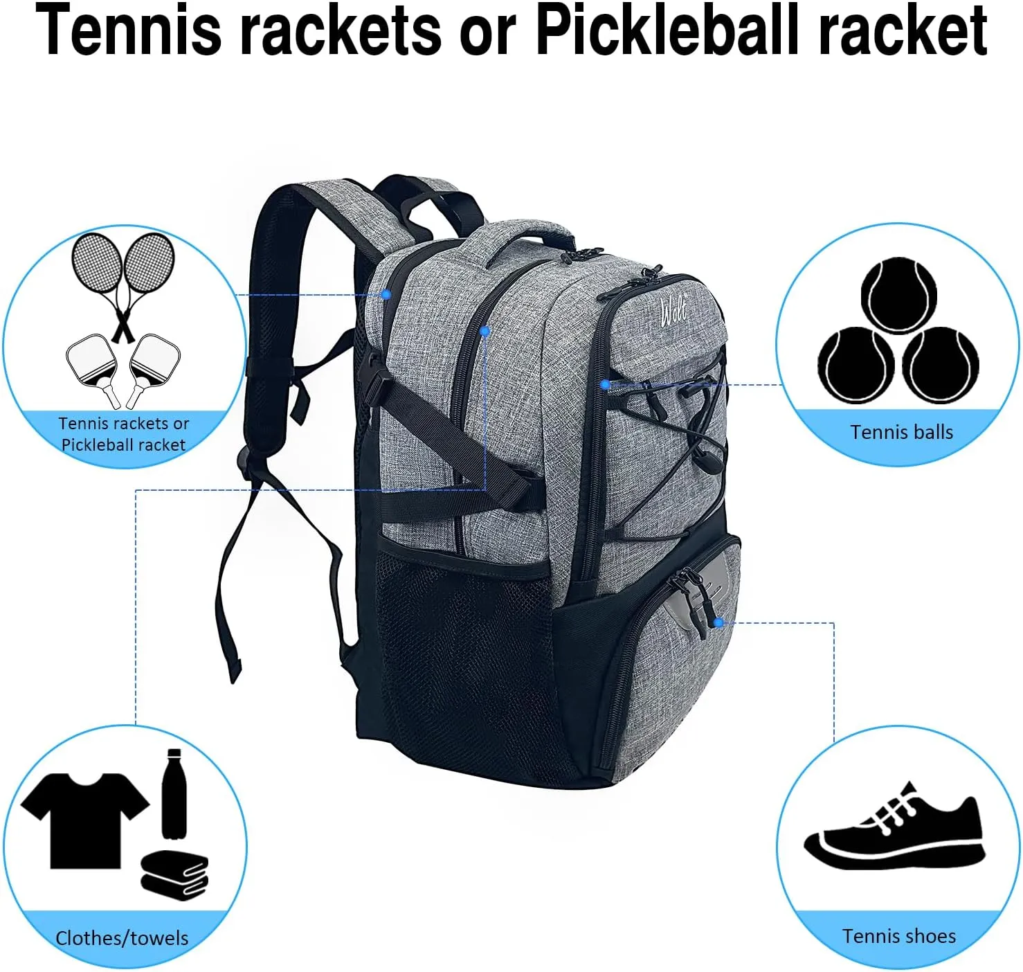 WOLT Tennis Bag - Large Tennis Racket Backpack for Men & Women - Ventilated Shoe Compartment - Holds 2 Rackets