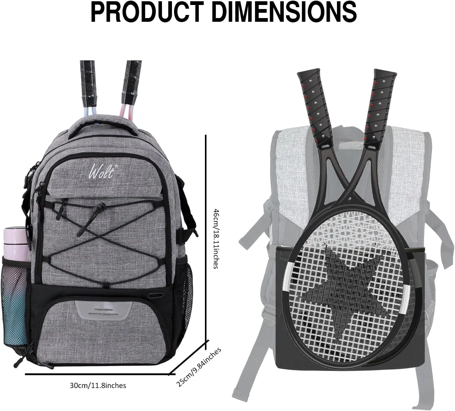 WOLT Tennis Bag - Large Tennis Racket Backpack for Men & Women - Ventilated Shoe Compartment - Holds 2 Rackets