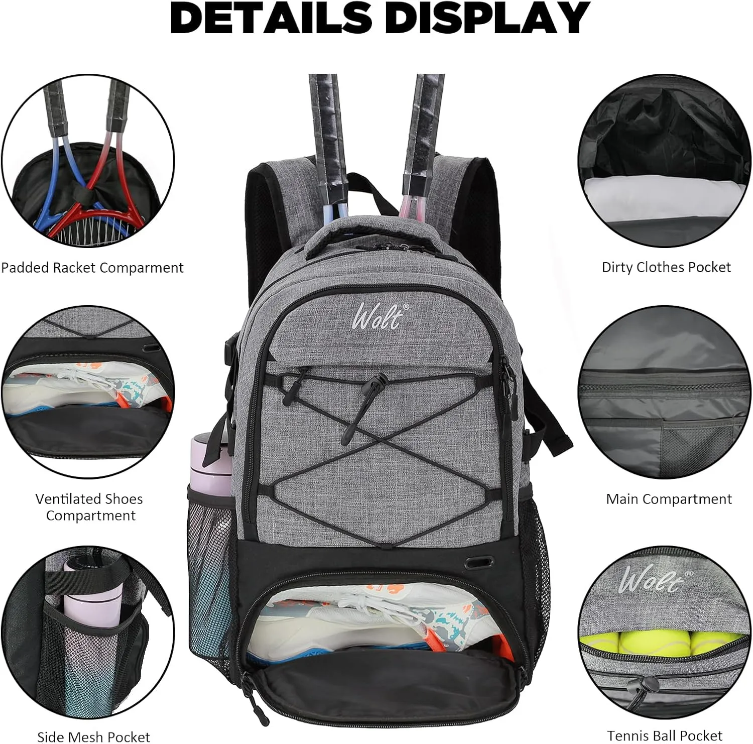 WOLT Tennis Bag - Large Tennis Racket Backpack for Men & Women - Ventilated Shoe Compartment - Holds 2 Rackets